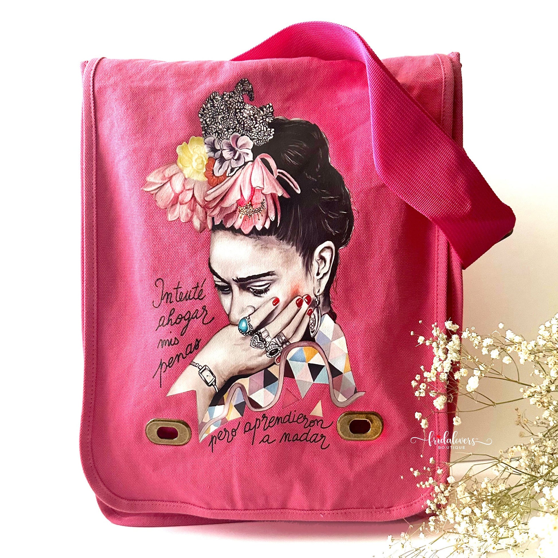 Enchanting Frida Inspired Pink Soft Canvas Crossbody Shoulder Strap Bag Mexican Artist Portrait Woman Girl Casual Fashion Birthday Gift Idea