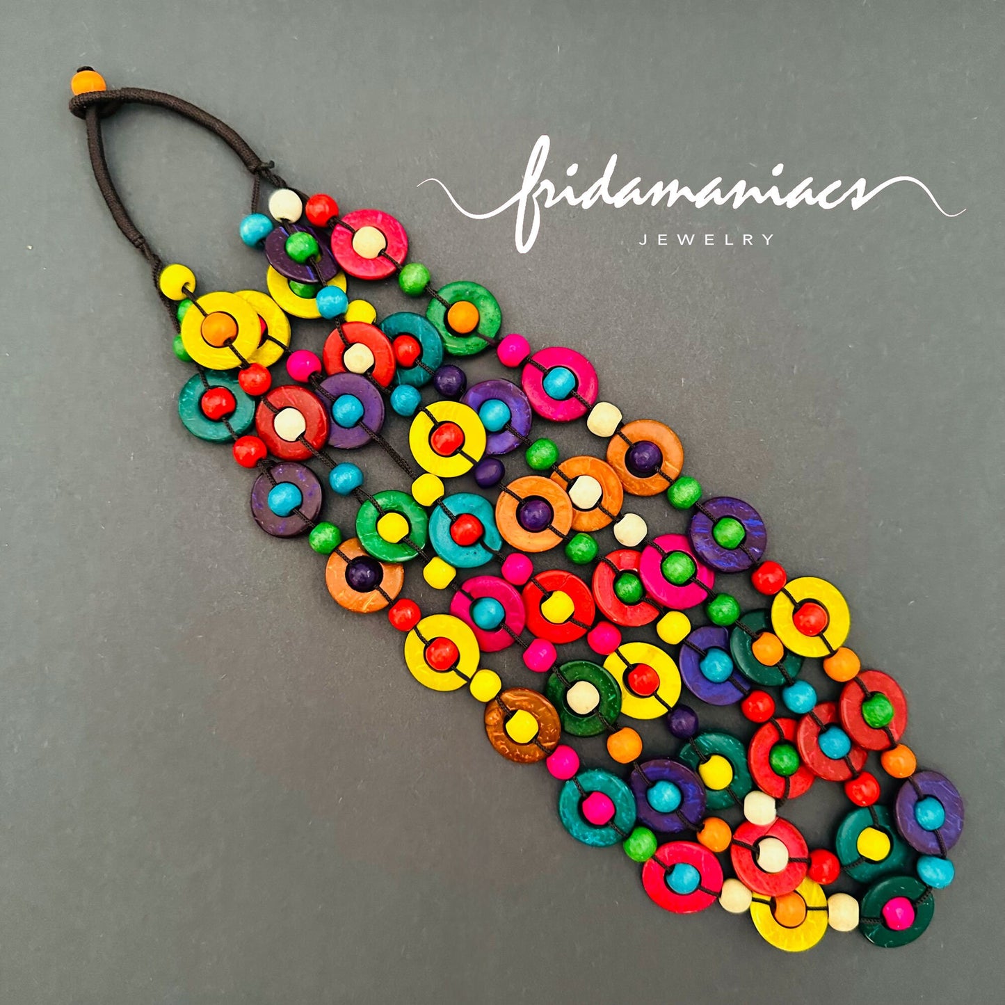 Frida Inspired Necklace Multicolor Multilayered Hand Painted Handcrafted Coconut Shells Wood Beads Mexico Folk Art Jewelry Fashion Bohemian
