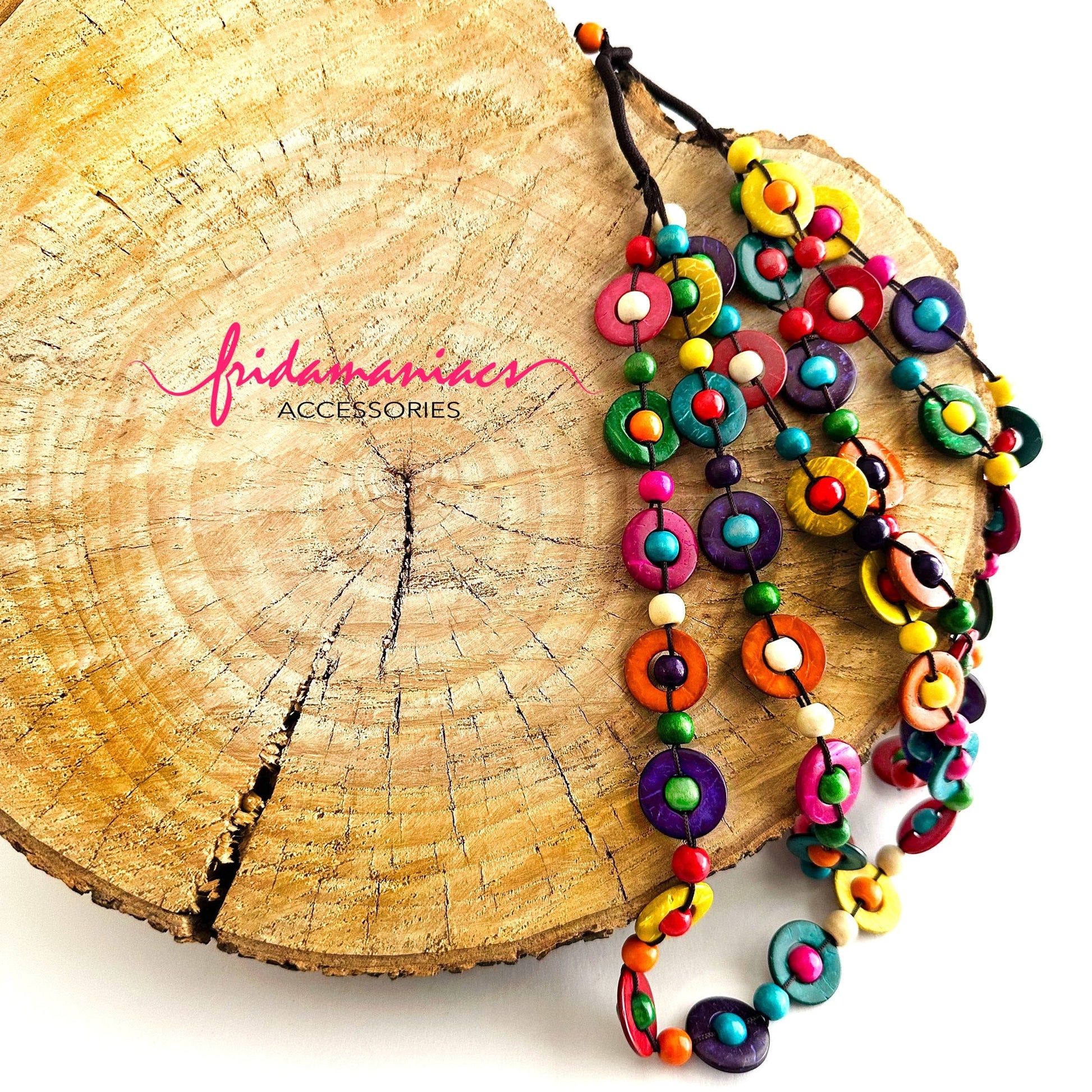 Frida Inspired Necklace Multicolor Multilayered Hand Painted Handcrafted Coconut Shells Wood Beads Mexico Folk Art Jewelry Fashion Bohemian