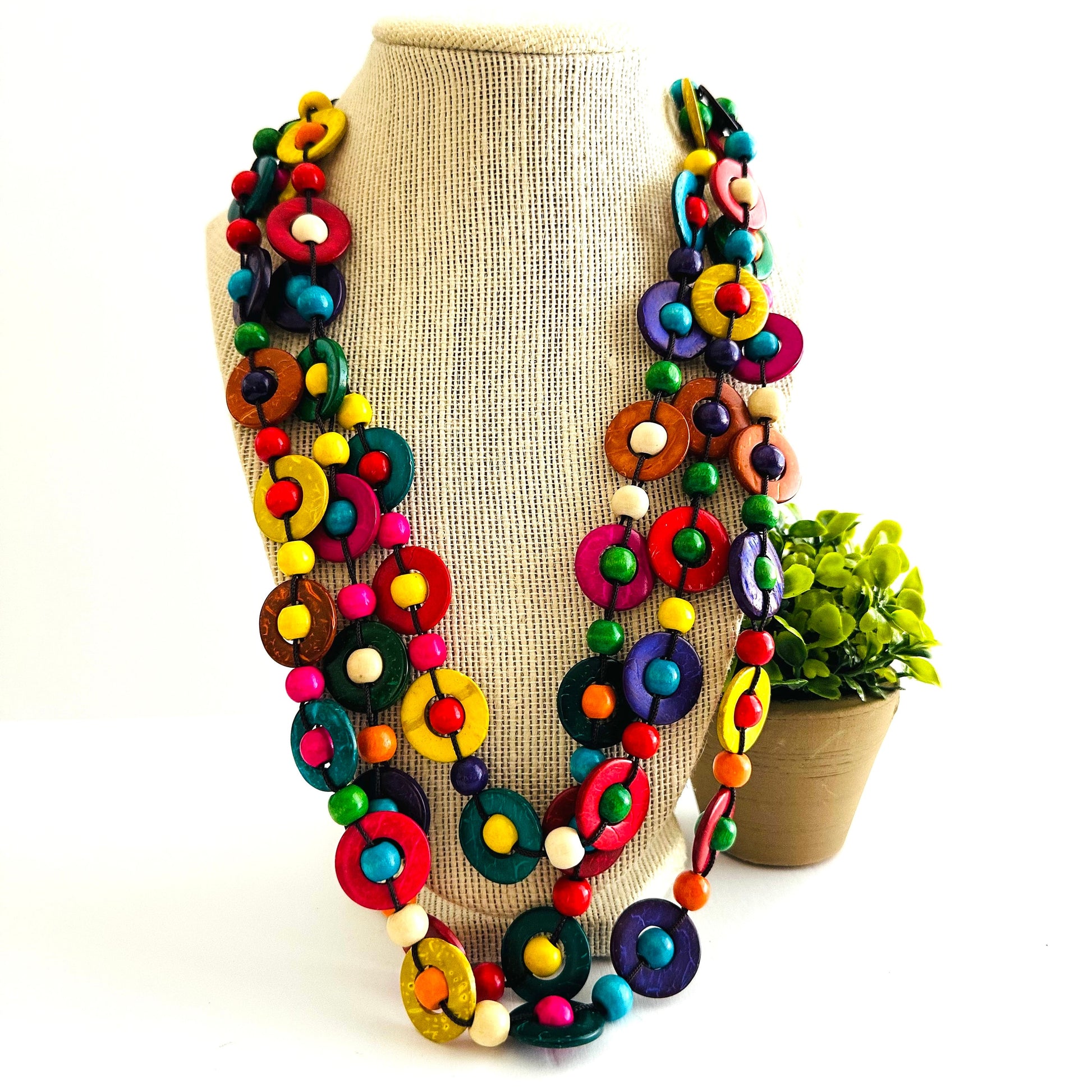 Frida Inspired Necklace Multicolor Multilayered Hand Painted Handcrafted Coconut Shells Wood Beads Mexico Folk Art Jewelry Fashion Bohemian