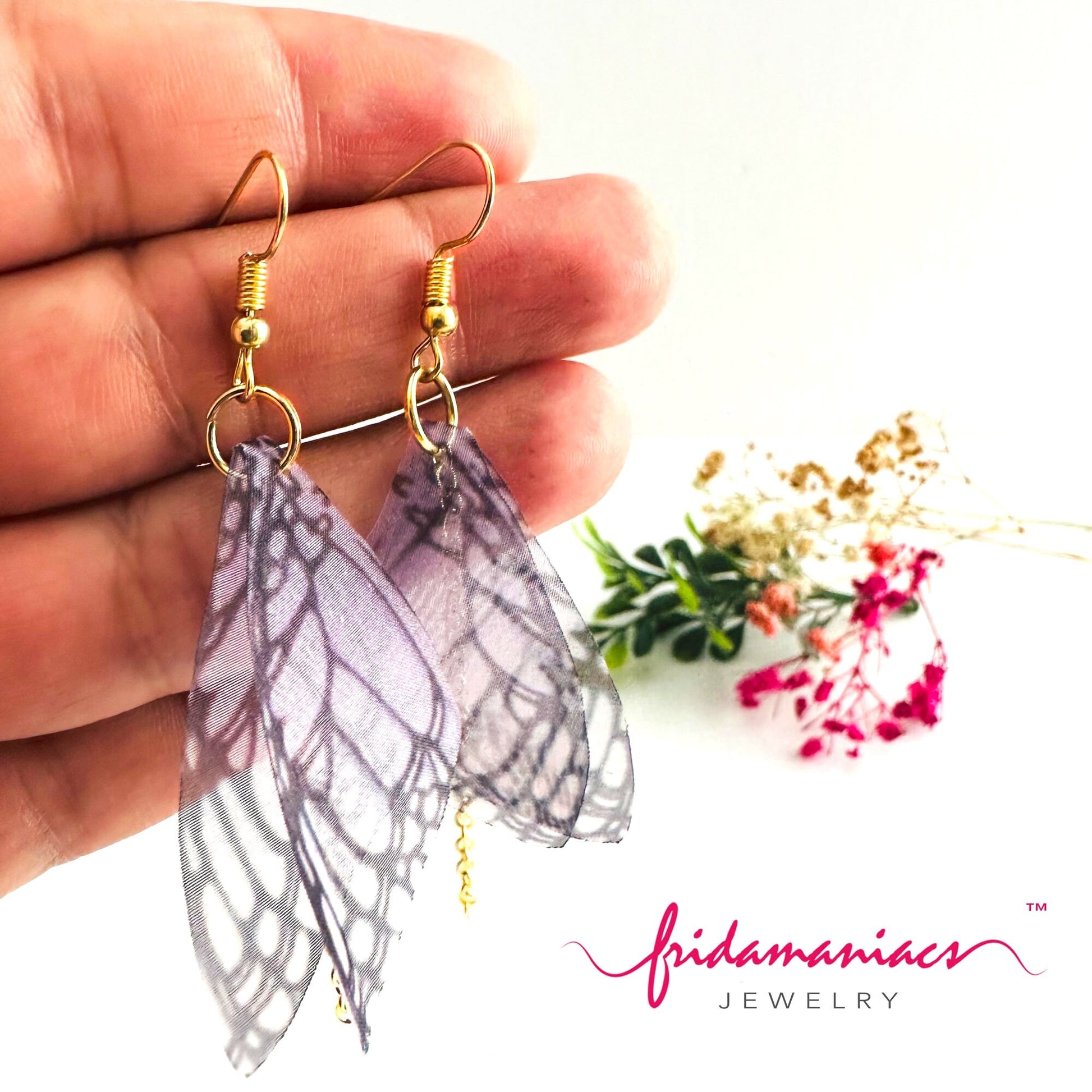 Butterfly Wings Earrings Handcrafted Gold Long Chain Translucid Silk Multi-Colored Butterfly Aretes Mariposa Mexican Jewelry Frida Inspired