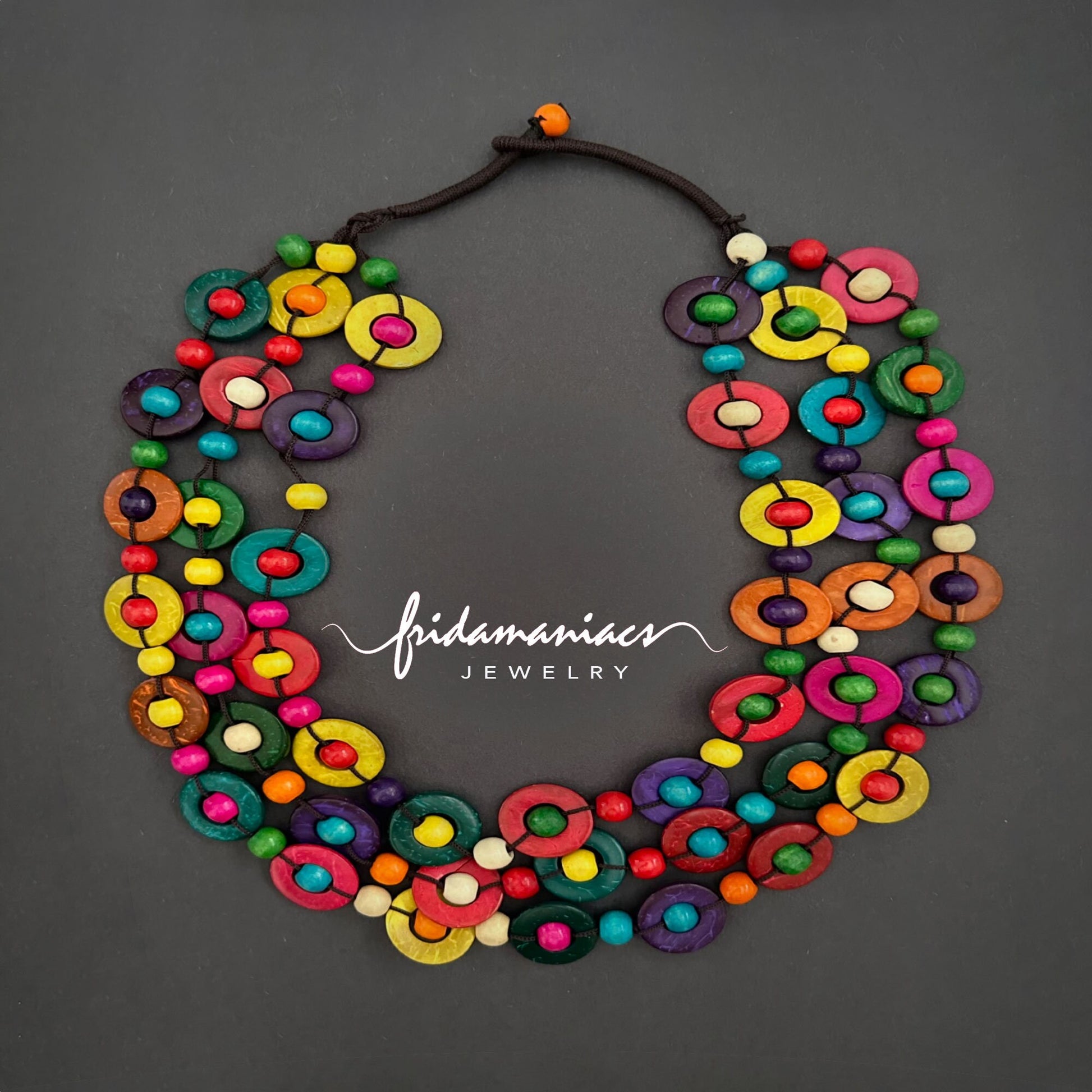 Frida Inspired Necklace Multicolor Multilayered Hand Painted Handcrafted Coconut Shells Wood Beads Mexico Folk Art Jewelry Fashion Bohemian
