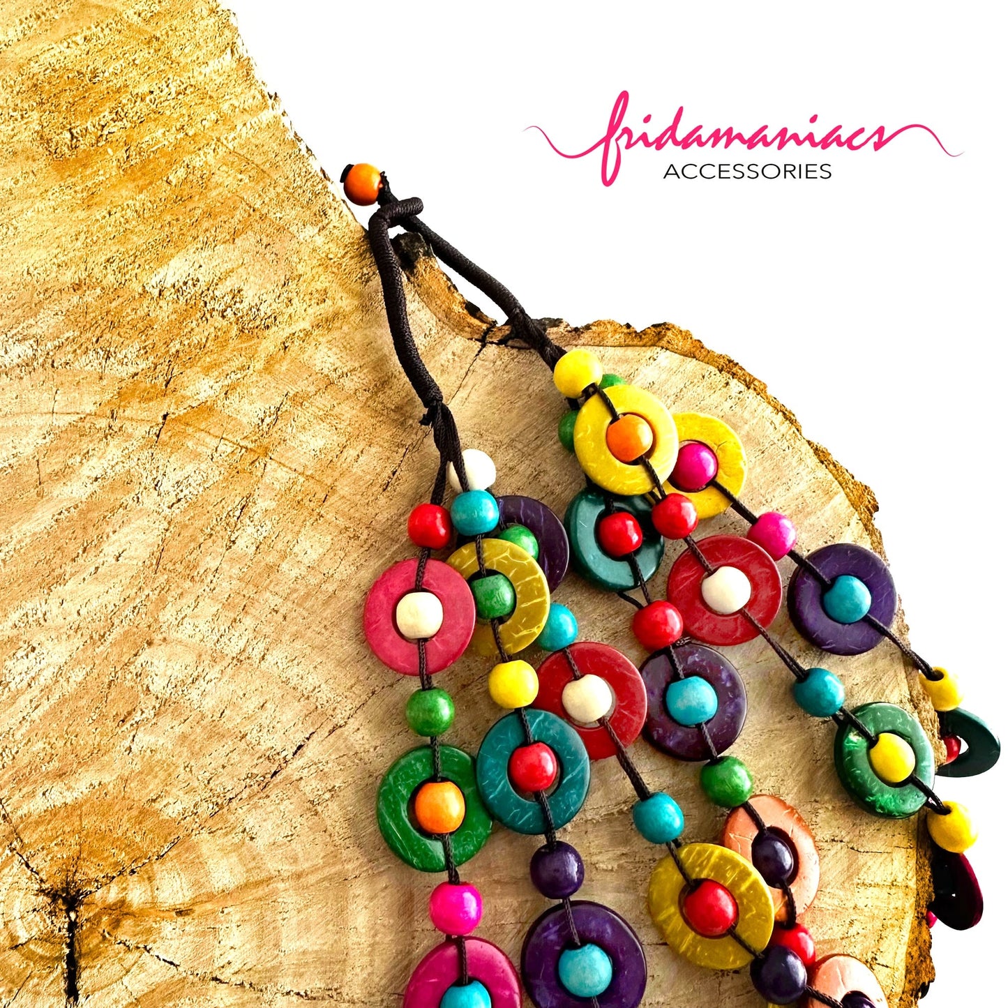 Frida Inspired Necklace Multicolor Multilayered Hand Painted Handcrafted Coconut Shells Wood Beads Mexico Folk Art Jewelry Fashion Bohemian