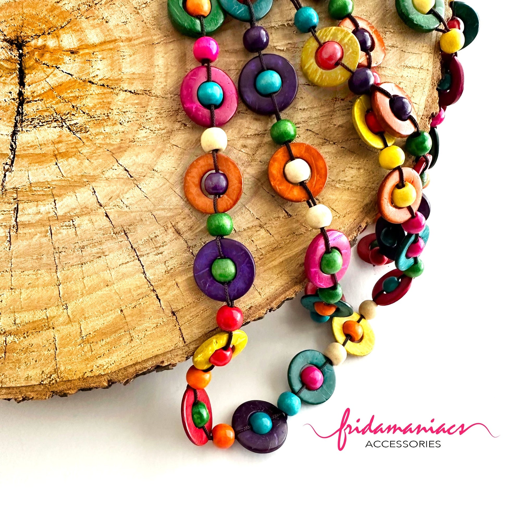 Frida Inspired Necklace Multicolor Multilayered Hand Painted Handcrafted Coconut Shells Wood Beads Mexico Folk Art Jewelry Fashion Bohemian
