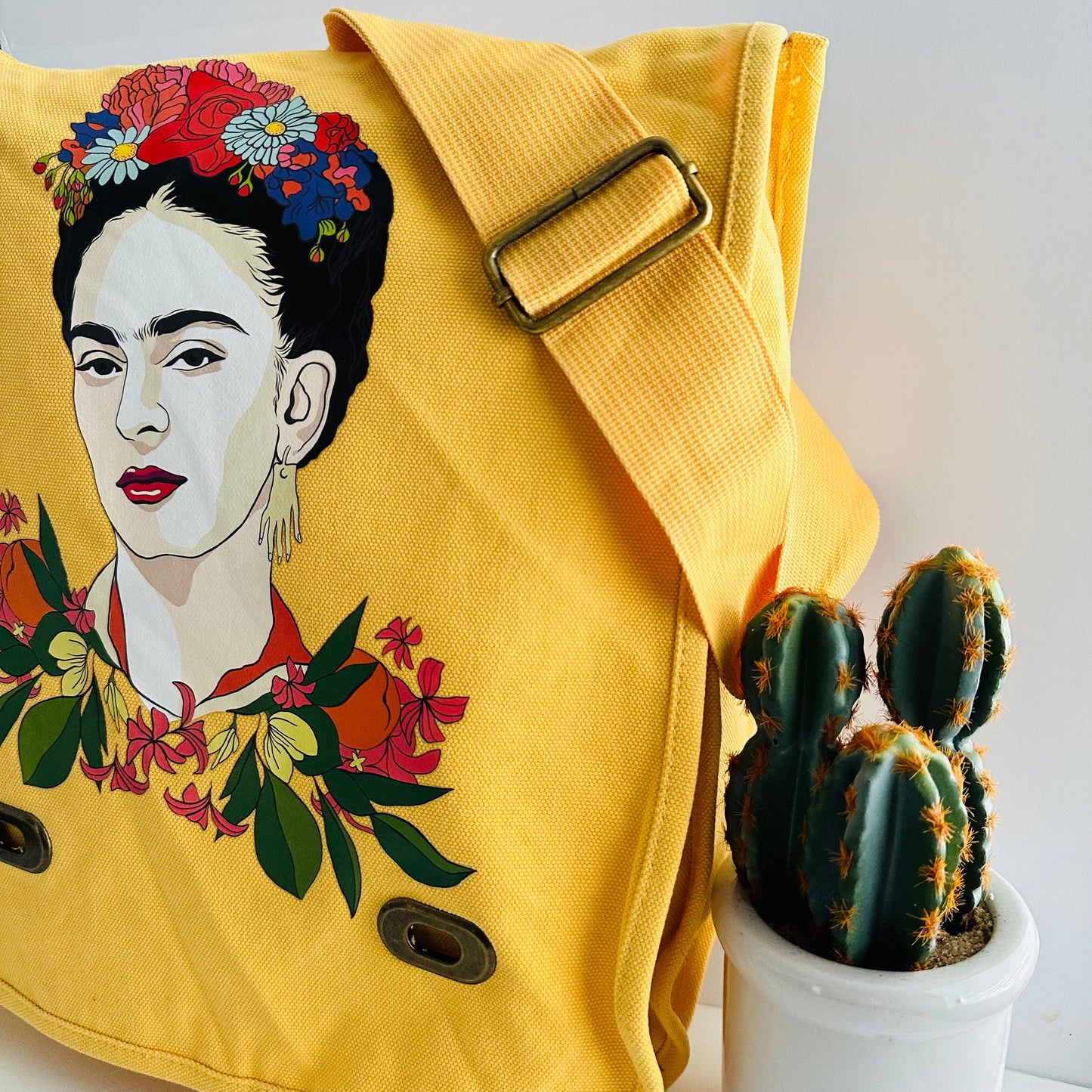 Vibrant Frida Inspired Bag Yellow Dandy Lion Color Cross-body Shoulder Canvas Bag for Girls and Women Fridalovers Fashion Mother's Day Gift