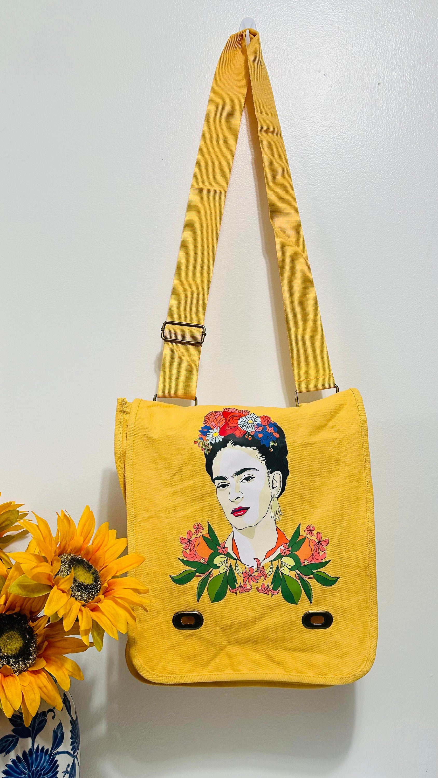Vibrant Frida Inspired Bag Yellow Dandy Lion Color Cross-body Shoulder Canvas Bag for Girls and Women Fridalovers Fashion Mother's Day Gift