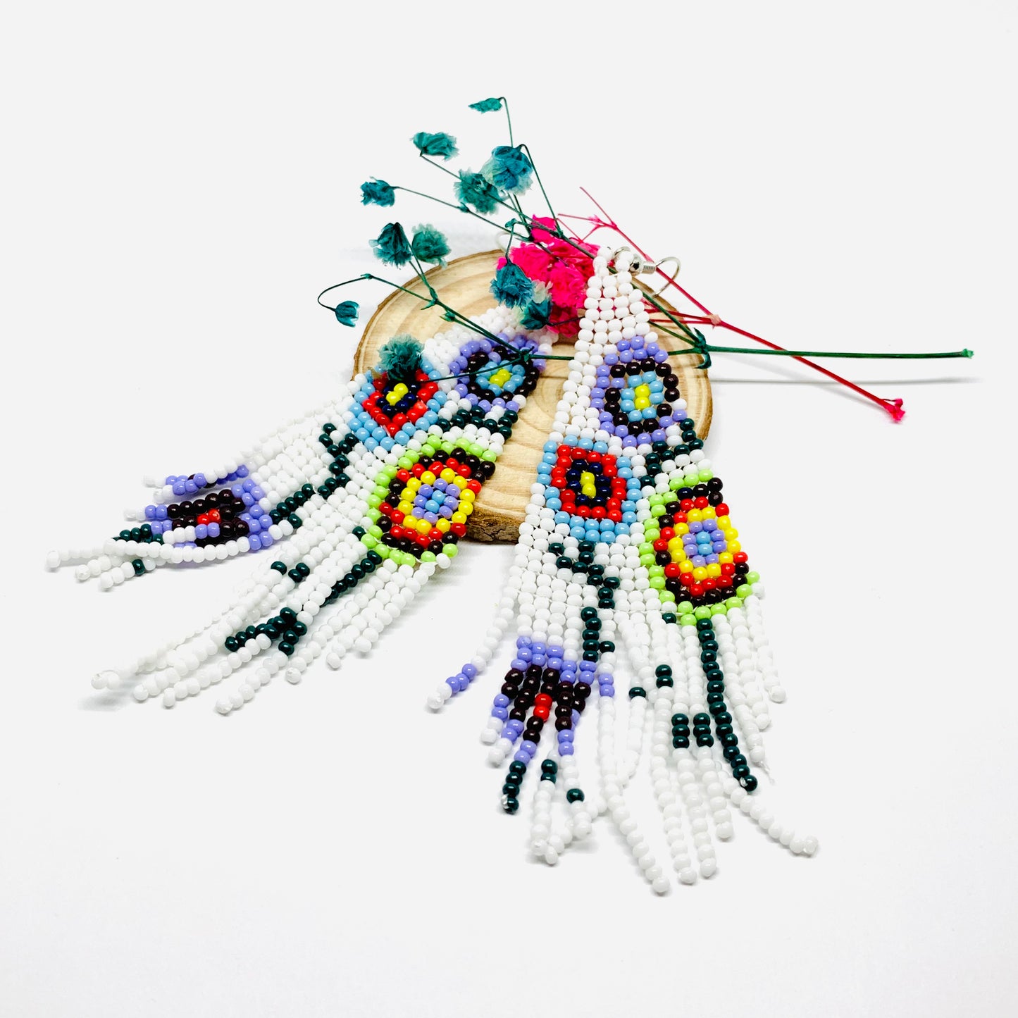 Beaded Mexican earrings Handmade with white, purrple, yellow, red, green and black floral pattern beads. Frida Kahlo inspired jewelry mexico folk art.