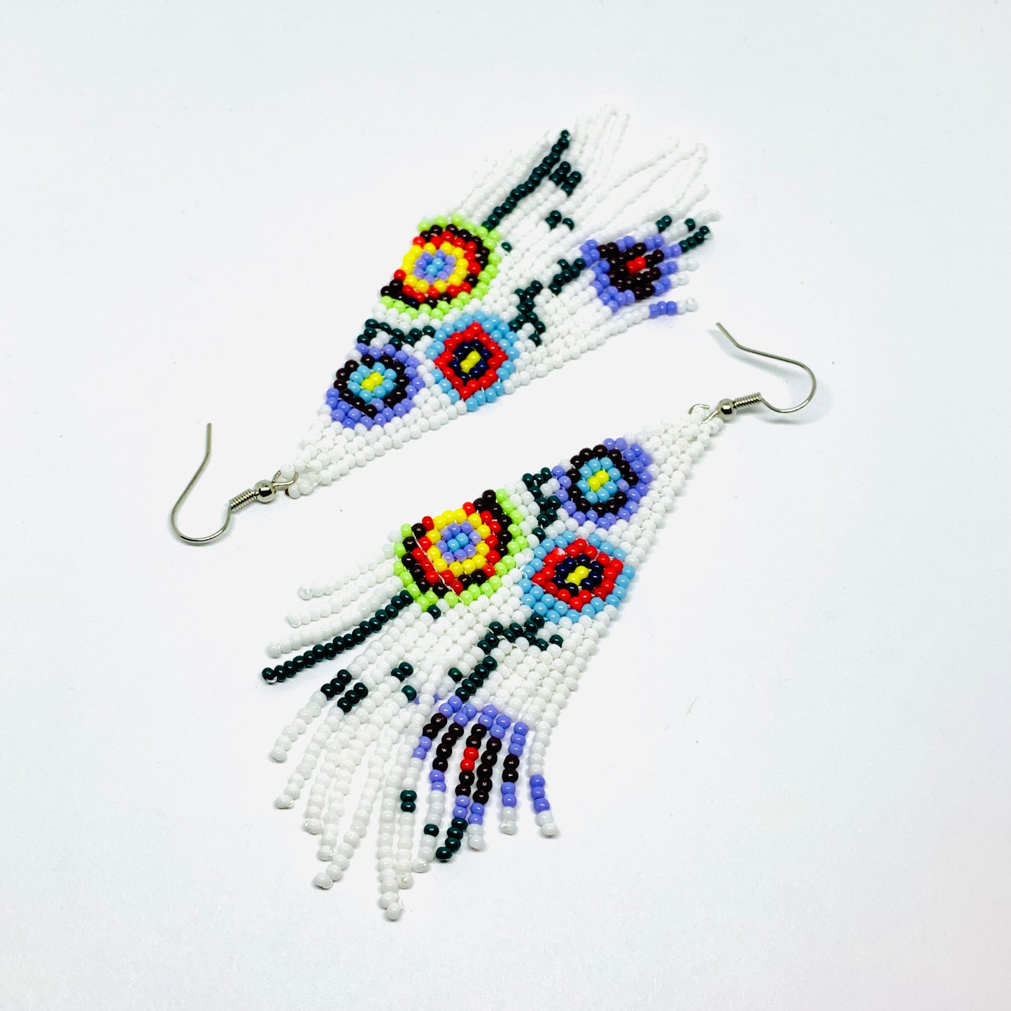 Beaded Mexican earrings Handmade with white, purrple, yellow, red, green and black floral pattern beads. Frida Kahlo inspired jewelry mexico folk art.