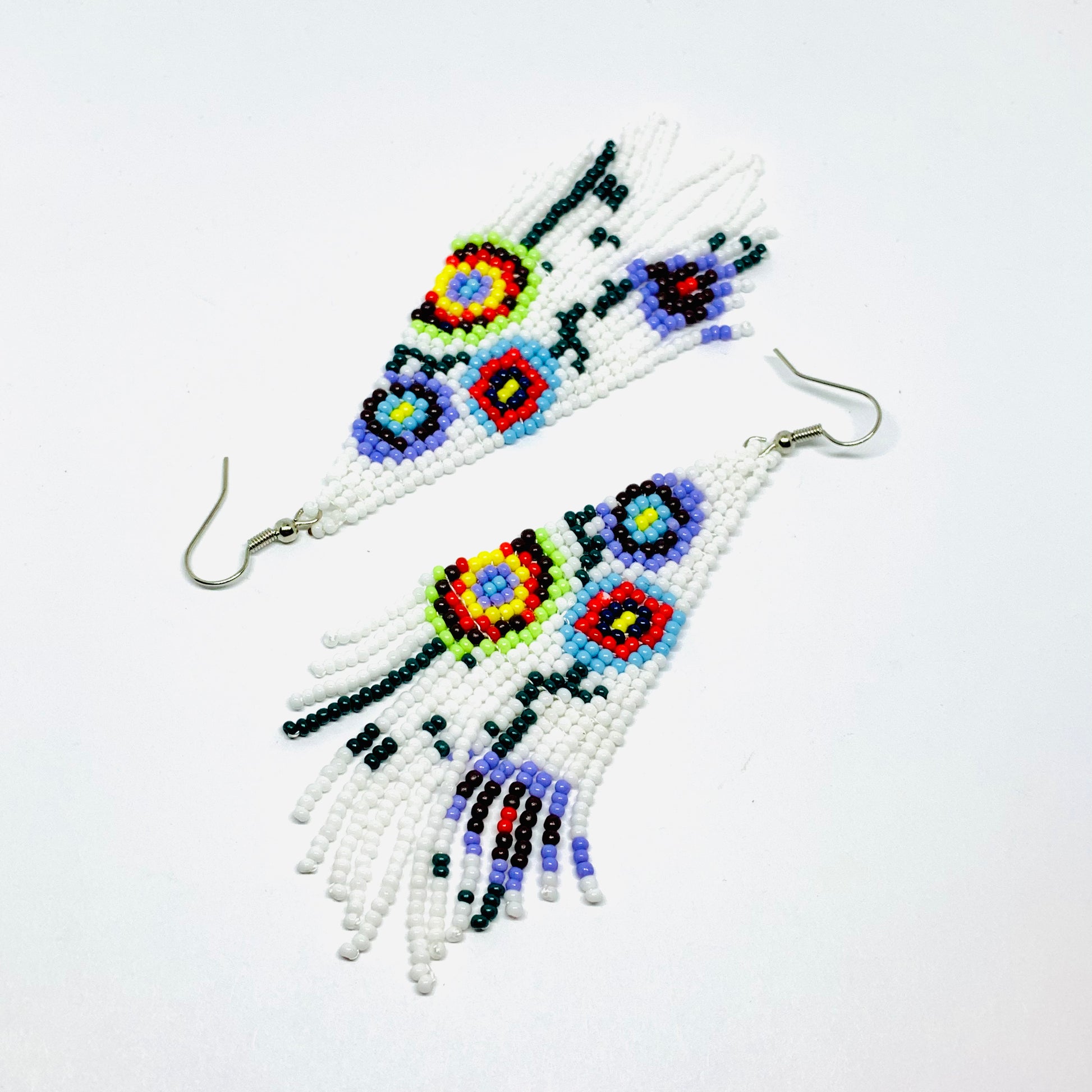 Beaded Mexican earrings Handmade with white, purrple, yellow, red, green and black floral pattern beads. Frida Kahlo inspired jewelry mexico folk art.