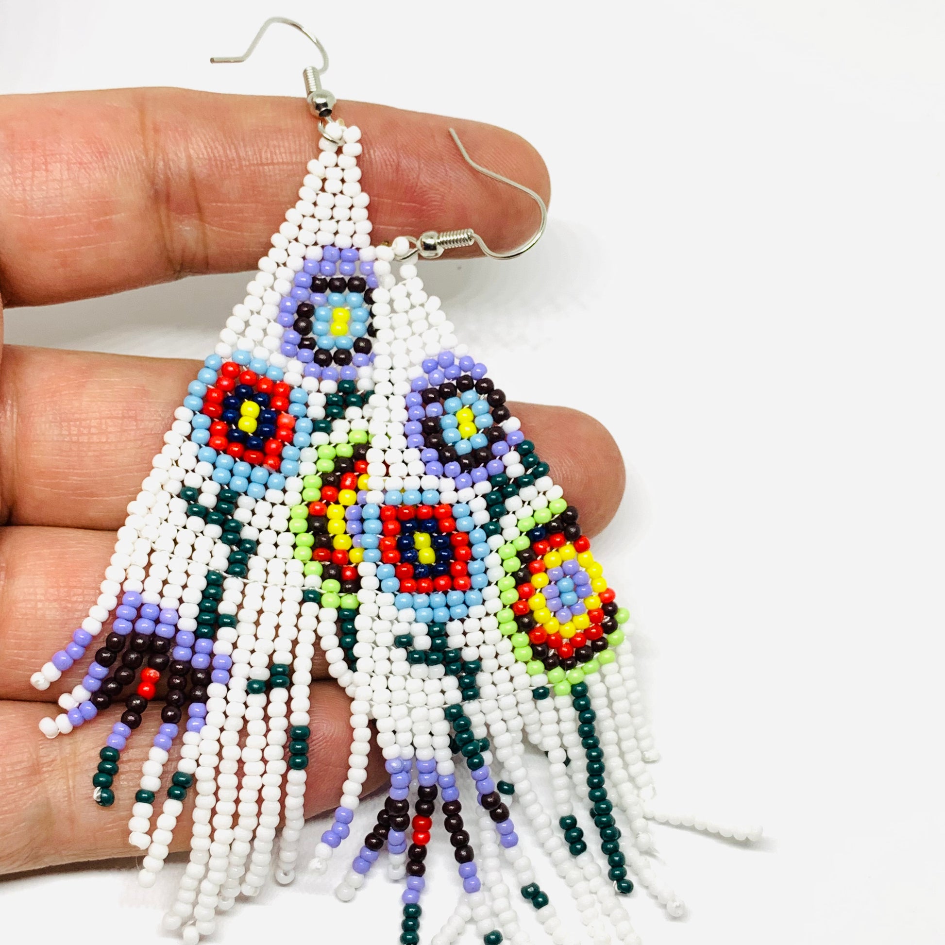 Beaded Mexican earrings Handmade with white, purrple, yellow, red, green and black floral pattern beads. Frida Kahlo inspired jewelry mexico folk art.