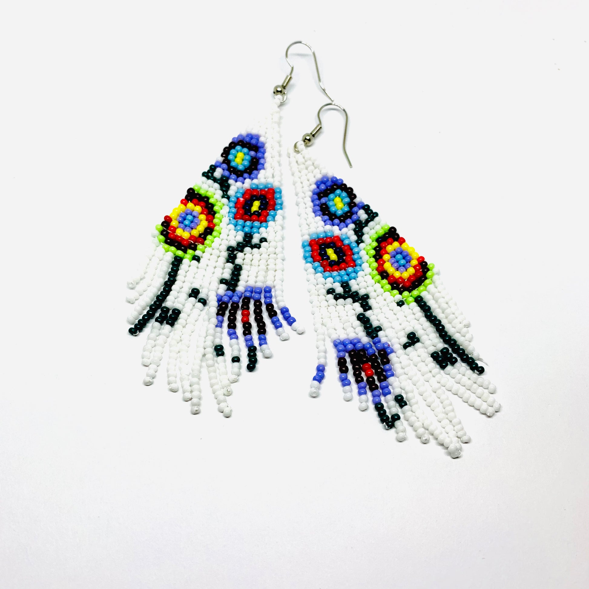 Beaded Mexican earrings Handmade with white, purrple, yellow, red, green and black floral pattern beads. Frida Kahlo inspired jewelry mexico folk art.