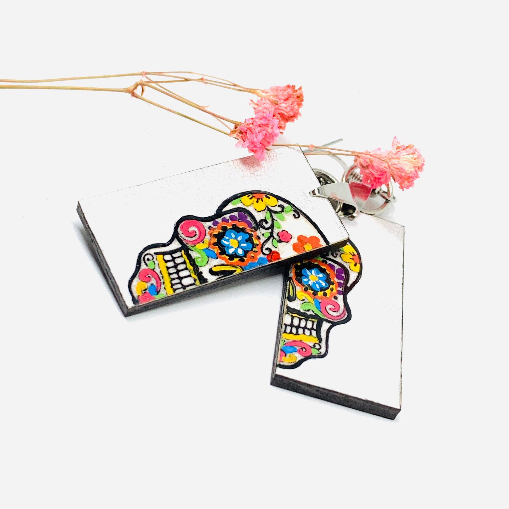 Sugar Skull Earrings Mexican Day of the Dead Jewelry Hand Painted colorful Mexico Folk art to wear. Skull calavera aretes mujer. Joyeria mexicana. Frida Kahlo Wearable Art