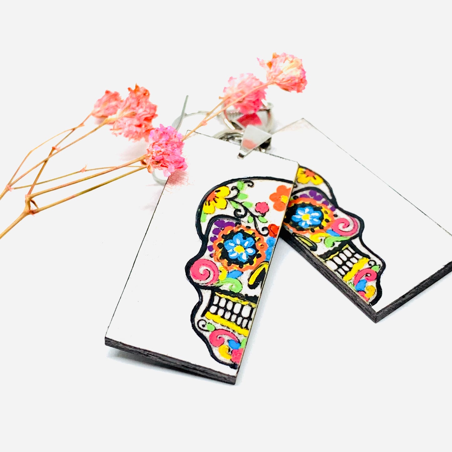 Sugar Skull Earrings Mexican Day of the Dead Jewelry Hand Painted colorful Mexico Folk art to wear. Skull calavera aretes mujer. Joyeria mexicana. Frida Kahlo Wearable Art