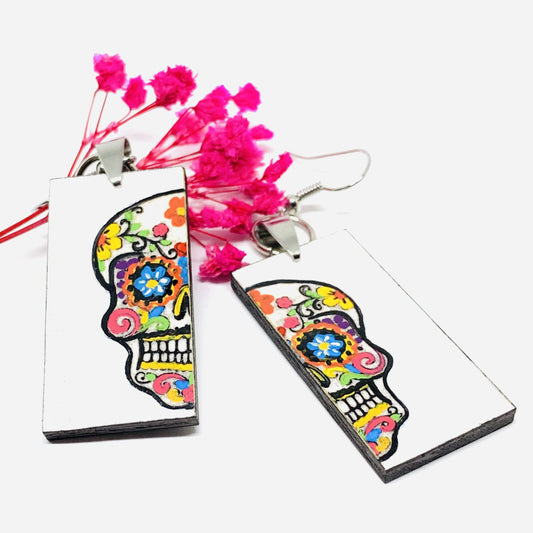 Sugar Skull Earrings Mexican Day of the Dead Jewelry Hand Painted colorful Mexico Folk art to wear. Skull calavera aretes mujer. Joyeria mexicana. Frida Kahlo Wearable Art