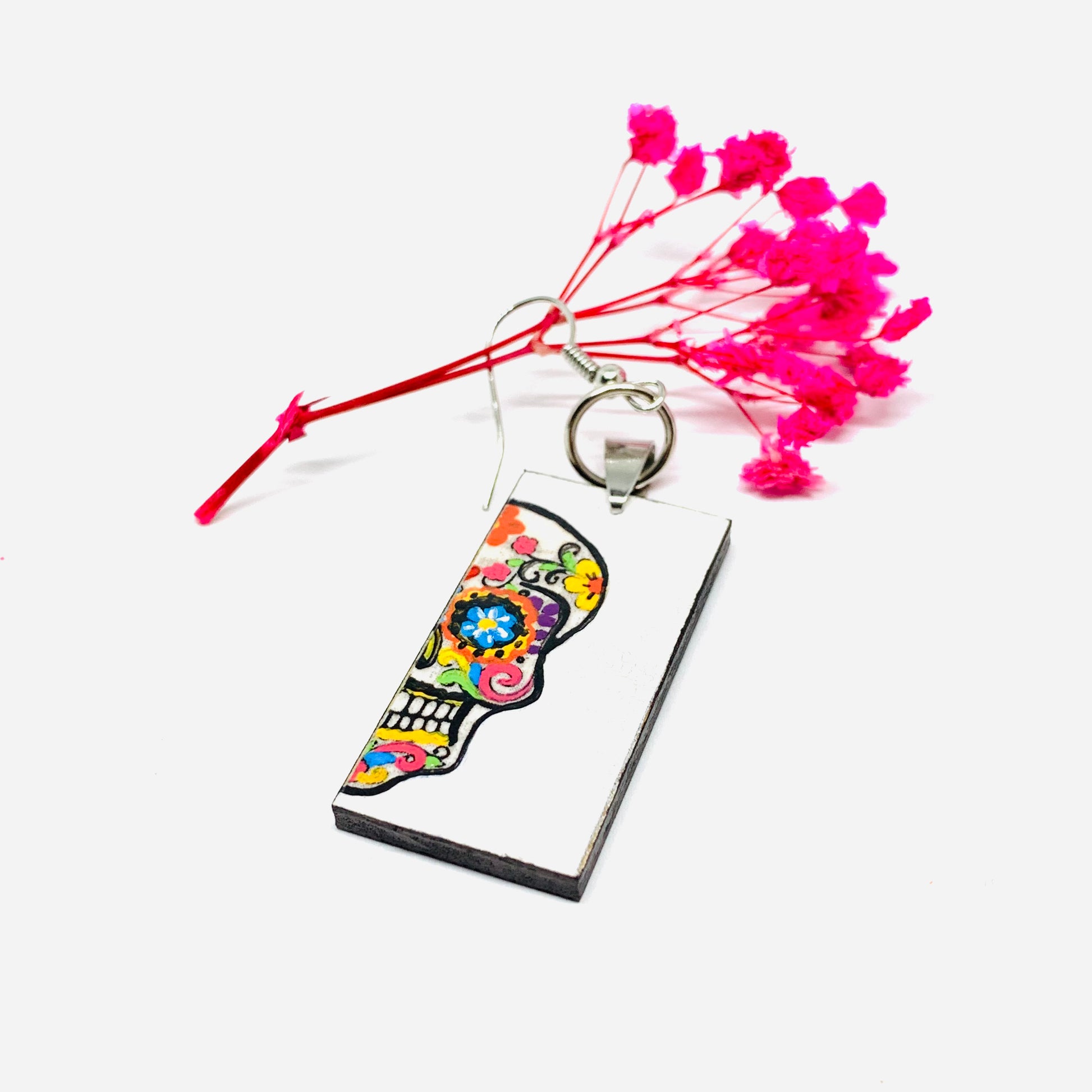 Sugar Skull Earrings Mexican Day of the Dead Jewelry Hand Painted colorful Mexico Folk art to wear. Skull calavera aretes mujer. Joyeria mexicana. Frida Kahlo Wearable Art