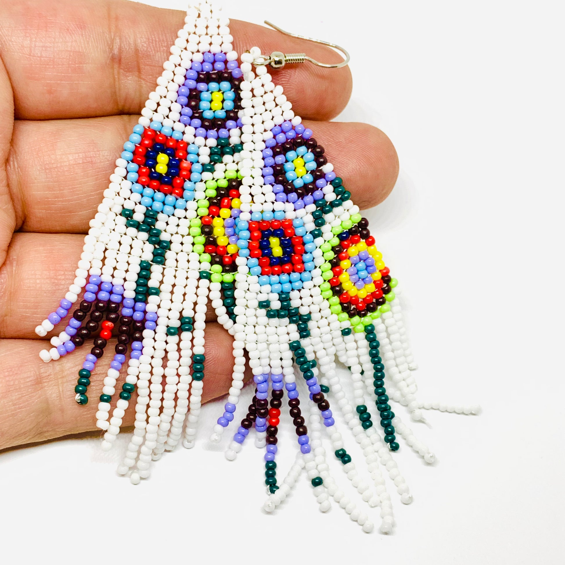 Beaded Mexican earrings Handmade with white, purrple, yellow, red, green and black floral pattern beads. Frida Kahlo inspired jewelry mexico folk art.