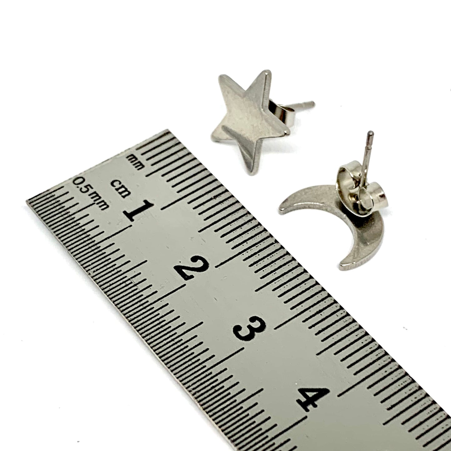 Moon and Star Silver Tone Frida Inspired Stud Earrings