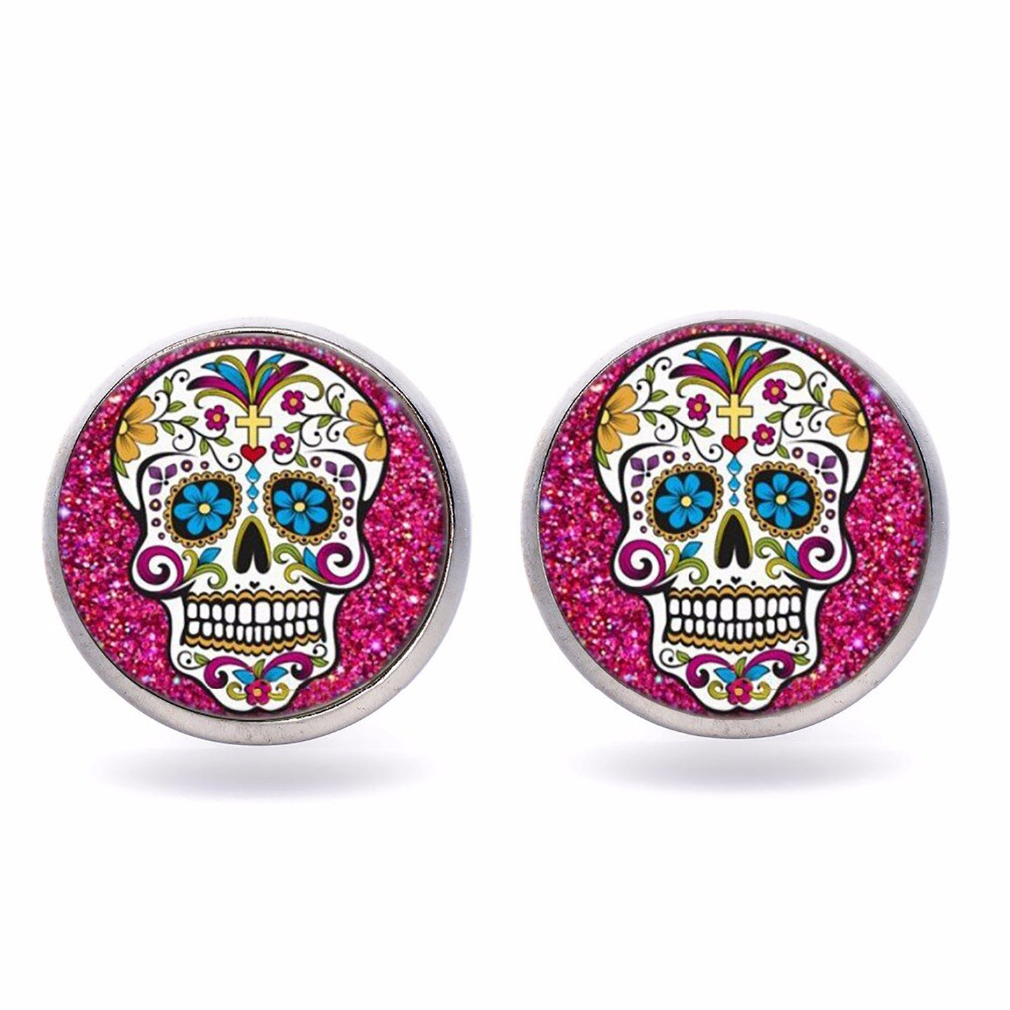 Bright pink sugar skull stud cabochon earrings. Mexican folk art jewelry. Skull-Skeleton accessories. Dia de los muertos joyeria mexicana. Aretes calaveras de azucar para mujer