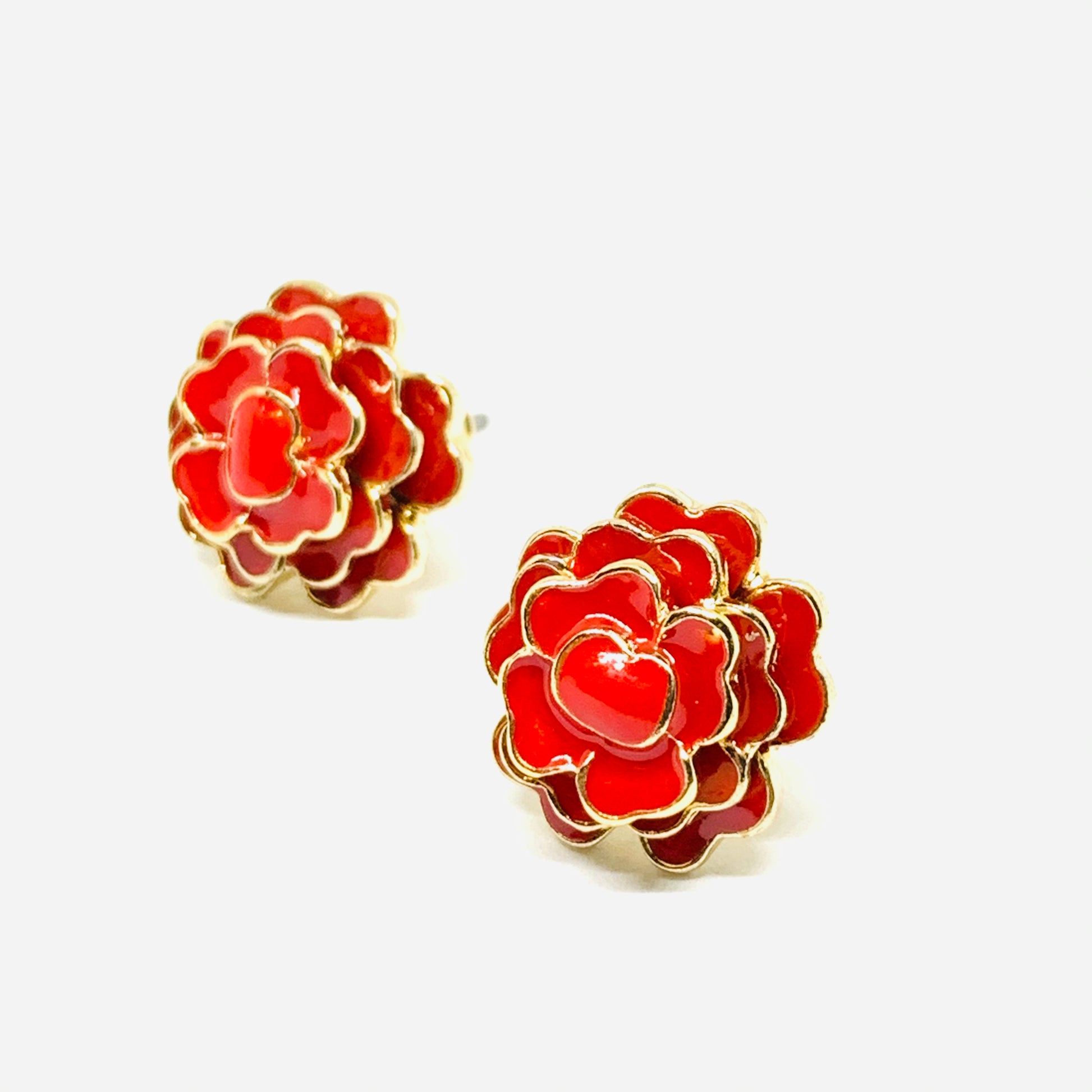 Stud red rose enamel mexican earrings jewelry with multilayered golden edges. Frida Kahlo inspired accessories.