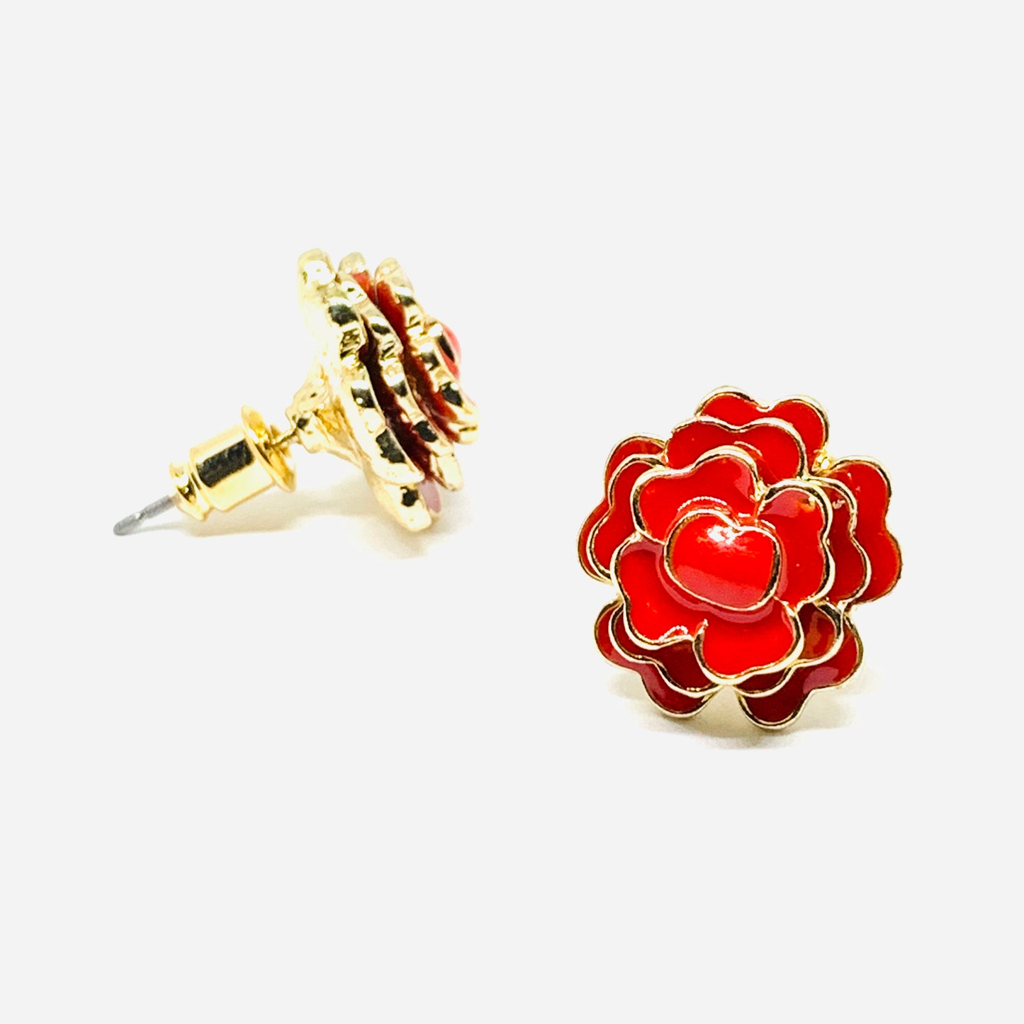 Stud red rose enamel mexican earrings jewelry with multilayered golden edges. Frida Kahlo inspired accessories.