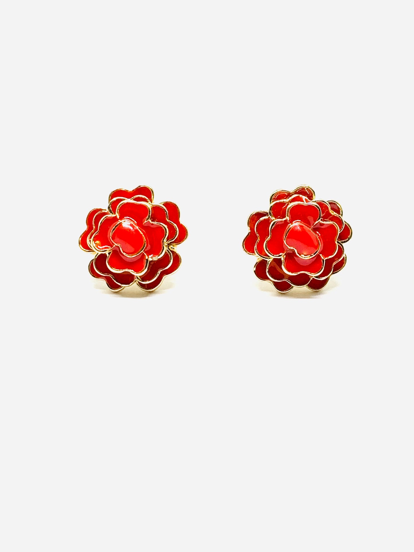 Stud red rose enamel mexican earrings jewelry with multilayered golden edges. Frida Kahlo inspired accessories.
