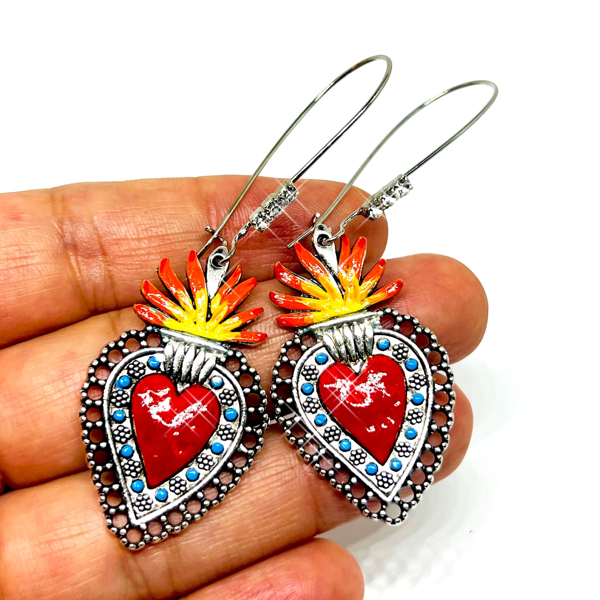 Sacred Heart with Rhinestones Mexican Silver Red Blue Orange and Yellow. Mexico Folk Art Hand Painted Women Girls Gift Summer. Aretes sagrado corazon. Frida Kahlo inspired Jewelry by Fridamaniacs