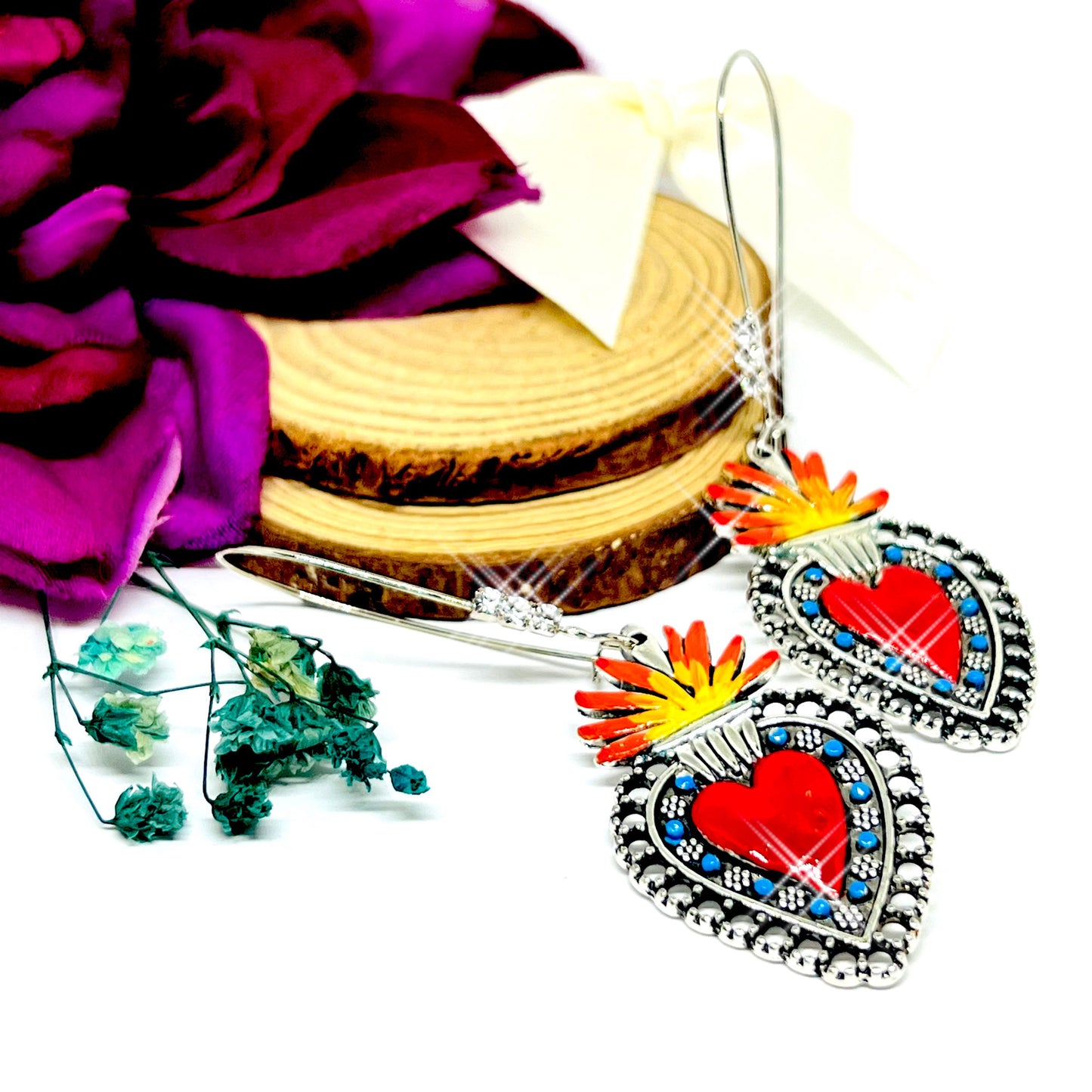 Sacred Heart with Rhinestones Mexican Silver Red Blue Orange and Yellow. Mexico Folk Art Hand Painted Women Girls Gift Summer. Aretes sagrado corazon. Frida Kahlo inspired Jewelry by Fridamaniacs