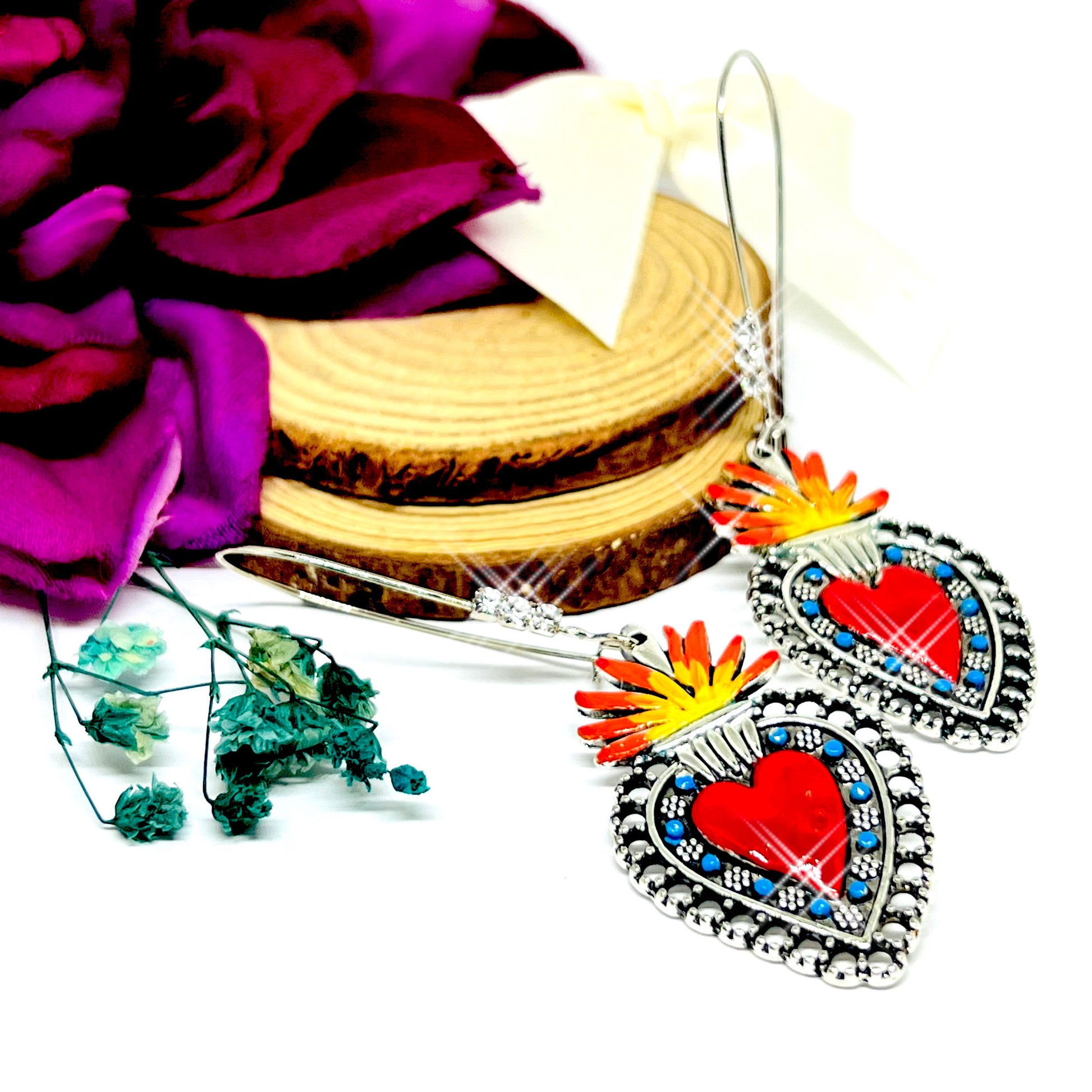 Sacred Heart with Rhinestones Mexican Silver Red Blue Orange and Yellow. Mexico Folk Art Hand Painted Women Girls Gift Summer. Aretes sagrado corazon. Frida Kahlo inspired Jewelry by Fridamaniacs