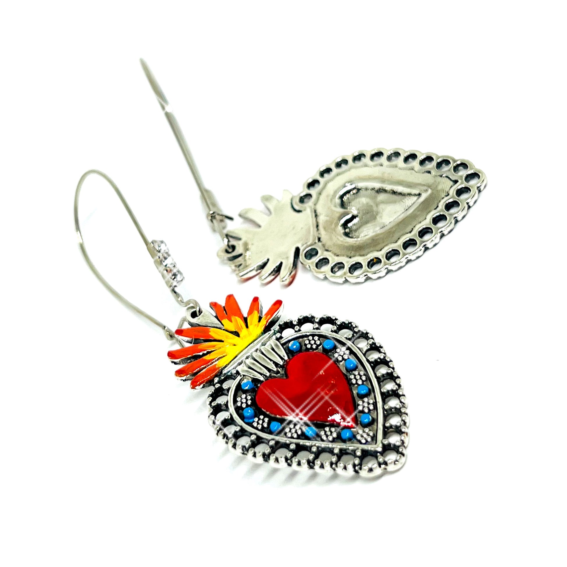 Sacred Heart with Rhinestones Mexican Silver Red Blue Orange and Yellow. Mexico Folk Art Hand Painted Women Girls Gift Summer. Aretes sagrado corazon. Frida Kahlo inspired Jewelry by Fridamaniacs