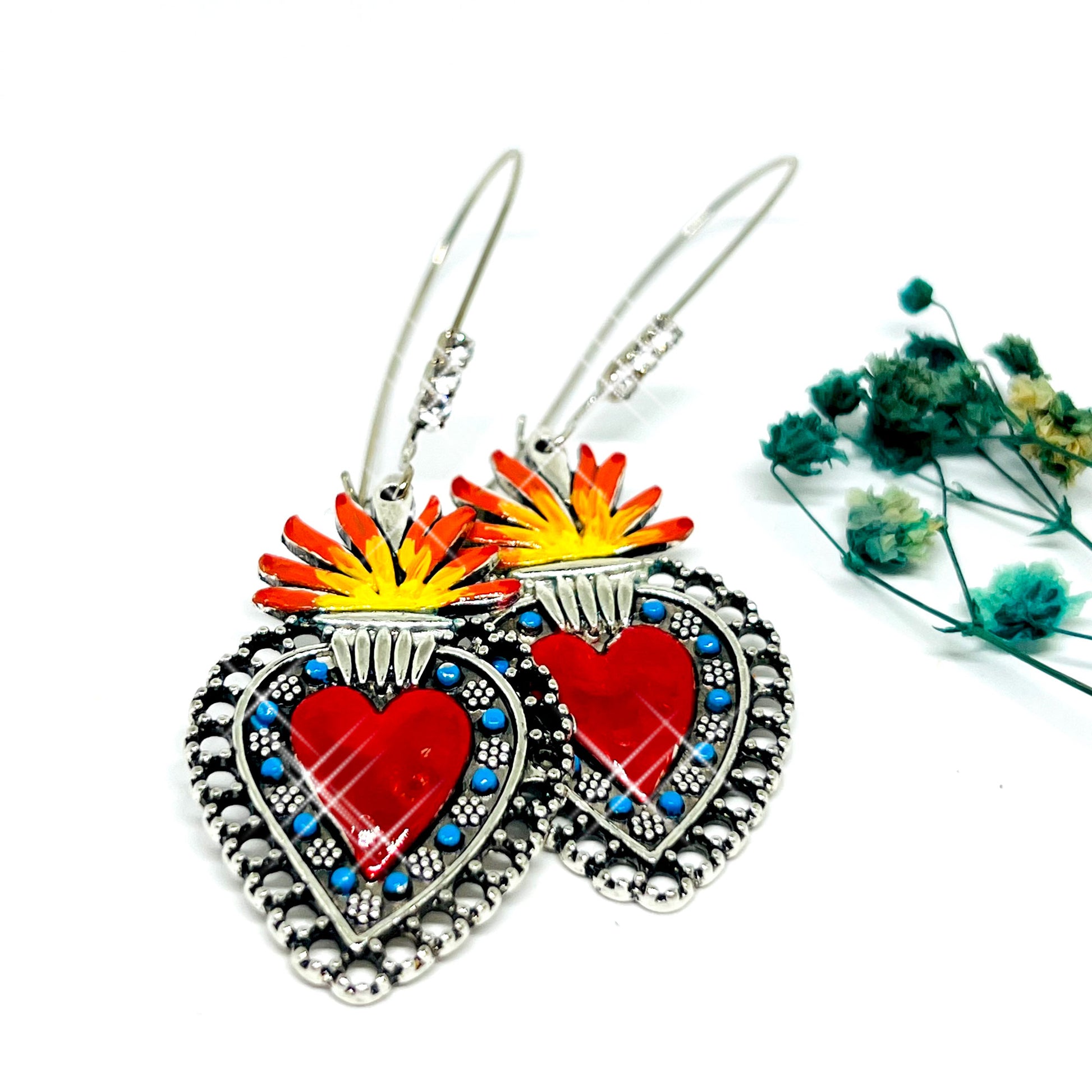 Sacred Heart with Rhinestones Mexican Silver Red Blue Orange and Yellow. Mexico Folk Art Hand Painted Women Girls Gift Summer. Aretes sagrado corazon. Frida Kahlo inspired Jewelry by Fridamaniacs