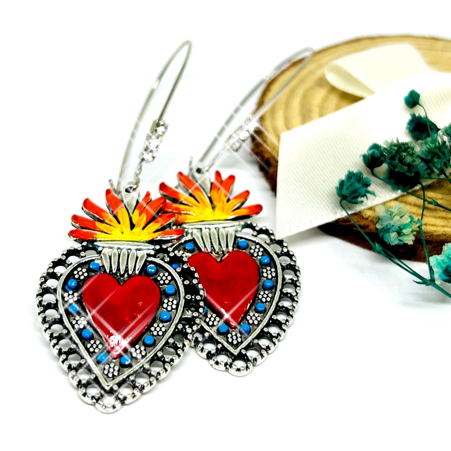 Sacred Heart with Rhinestones Mexican Silver Red Blue Orange and Yellow. Mexico Folk Art Hand Painted Women Girls Gift Summer. Aretes sagrado corazon. Frida Kahlo inspired Jewelry by Fridamaniacs