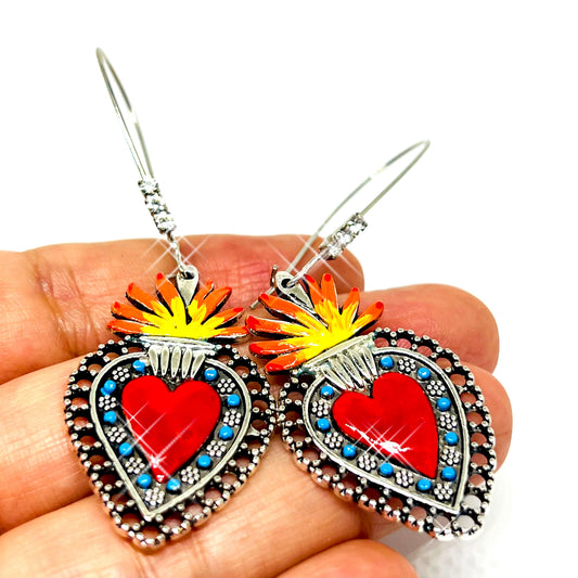 Sacred Heart with Rhinestones Mexican Silver Red Blue Orange and Yellow. Mexico Folk Art Hand Painted Women Girls Gift Summer. Aretes sagrado corazon. Frida Kahlo inspired Jewelry by Fridamaniacs