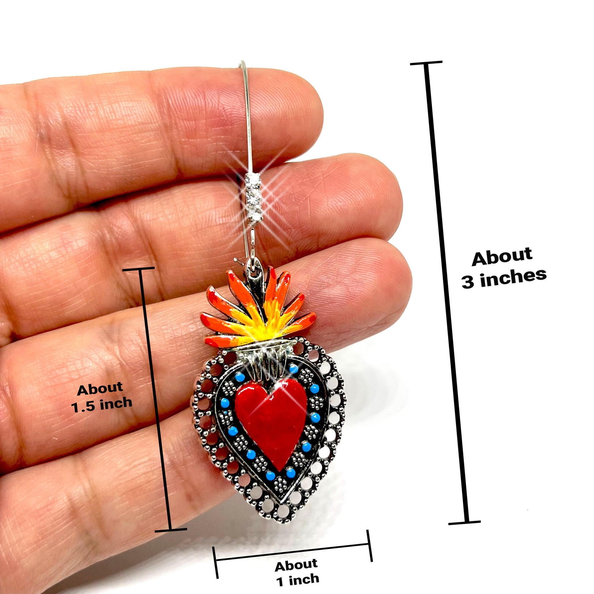 Sacred Heart with Rhinestones Mexican Silver Red Blue Orange and Yellow. Mexico Folk Art Hand Painted Women Girls Gift Summer. Aretes sagrado corazon. Frida Kahlo inspired Jewelry by Fridamaniacs