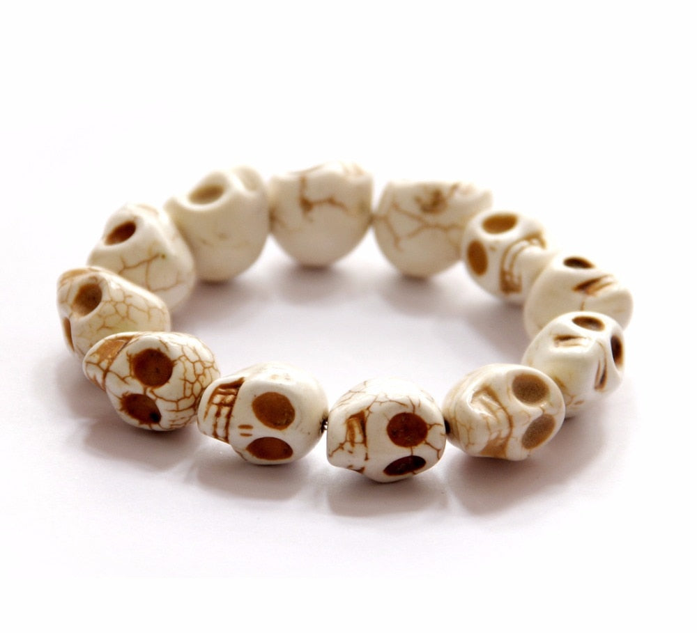 Skull Bracelet Day of the Dead Beige Stone Beads Fridamaniacs