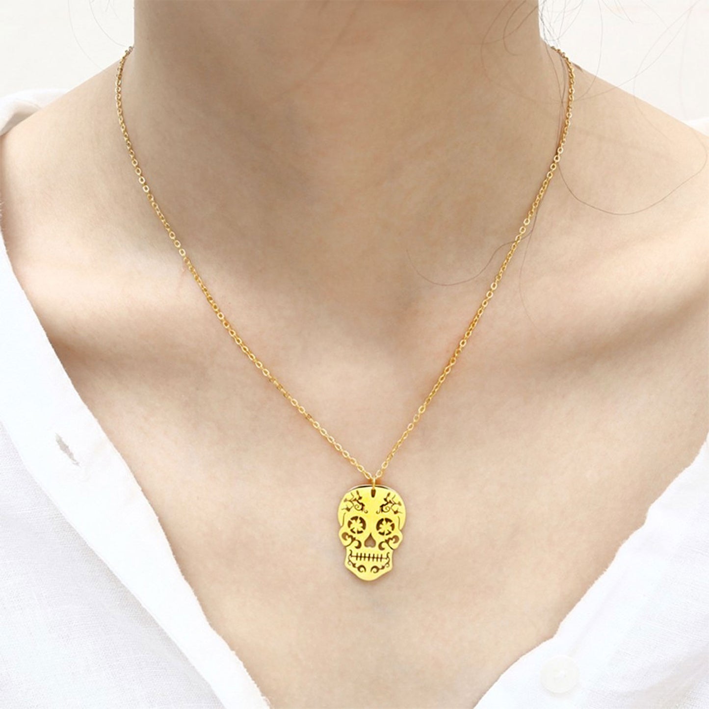 Sugar skull necklace and pendant. Mexican silver, gold or rose gold metallic skeleton jewelry. Collar de calavera de azucar. Mexico folk art. Hollow style. Latinx culture accessories by Fridamaniacs