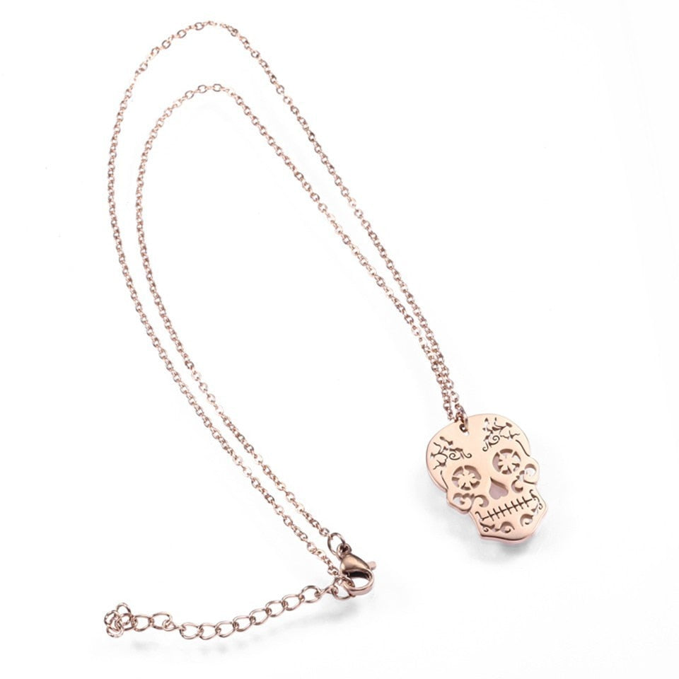 Sugar skull necklace and pendant. Mexican silver, gold or rose gold metallic skeleton jewelry. Collar de calavera de azucar. Mexico folk art. Hollow style. Latinx culture accessories by Fridamaniacs