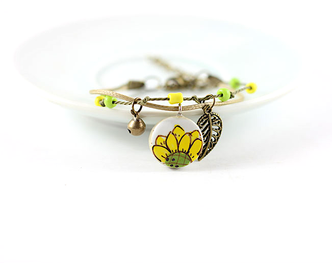 Sunflower Clay Bracelet: Hand painted and handmade ceramic sunflower wristband bracelet for women and girls inspired by Frida Kahlo and Mexican Folk Art Jewelry