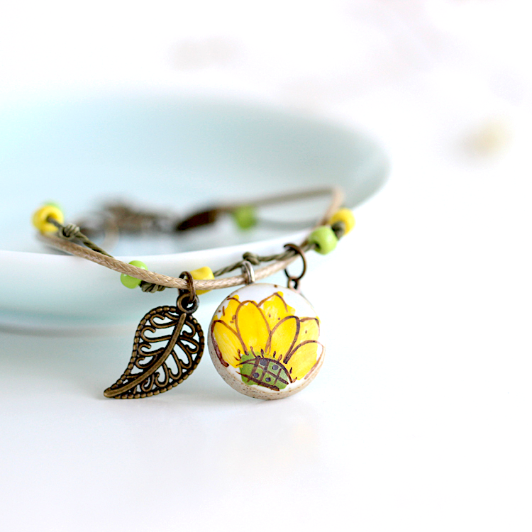 Sunflower Clay Bracelet: Hand painted and handmade ceramic sunflower wristband bracelet for women and girls inspired by Frida Kahlo and Mexican Folk Art Jewelry