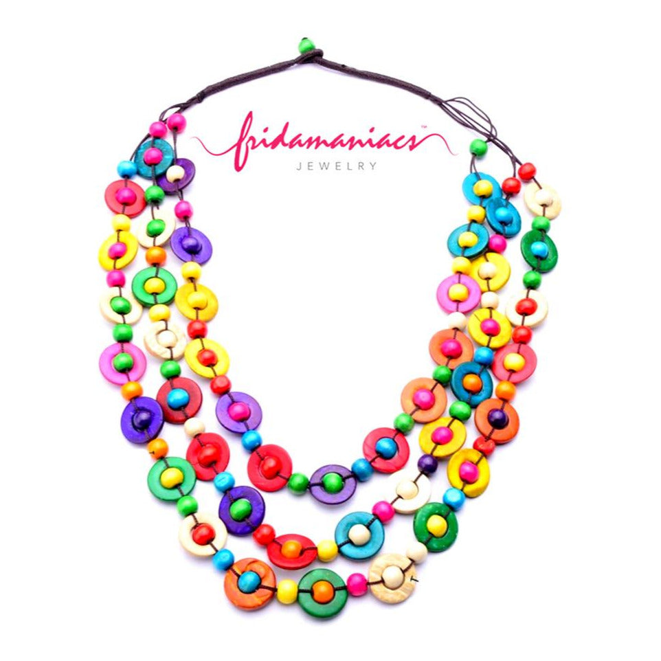 Colorful handmade wooden necklace inspired by Frida Kahlo and Mexican jewelry for Fridamaniacs and Fridalovers. Handmade. Girls and women birthday gift idea
