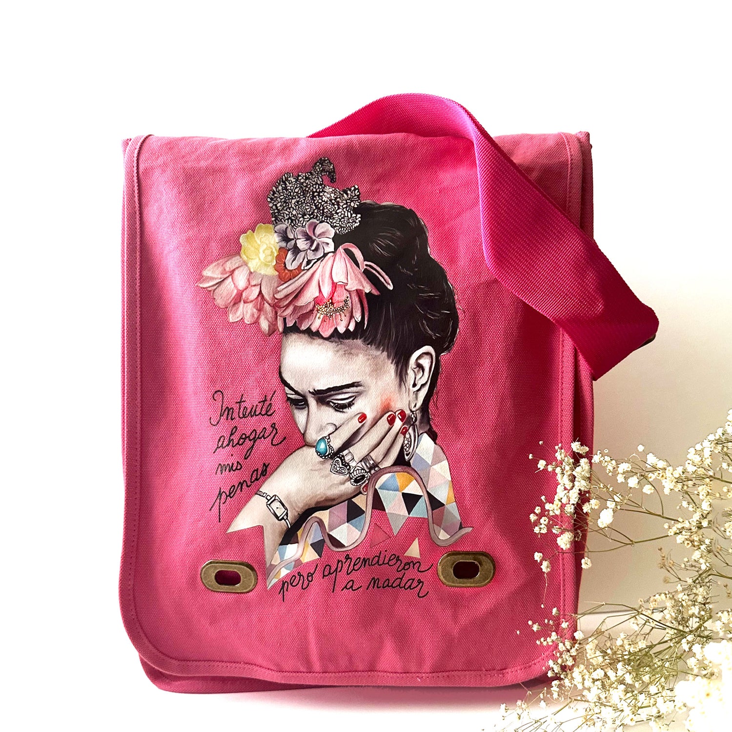 Frida Kahlo bags handbags backpacks girl gift idea birthday back to school little frida mexico folk art red and pink flowers 