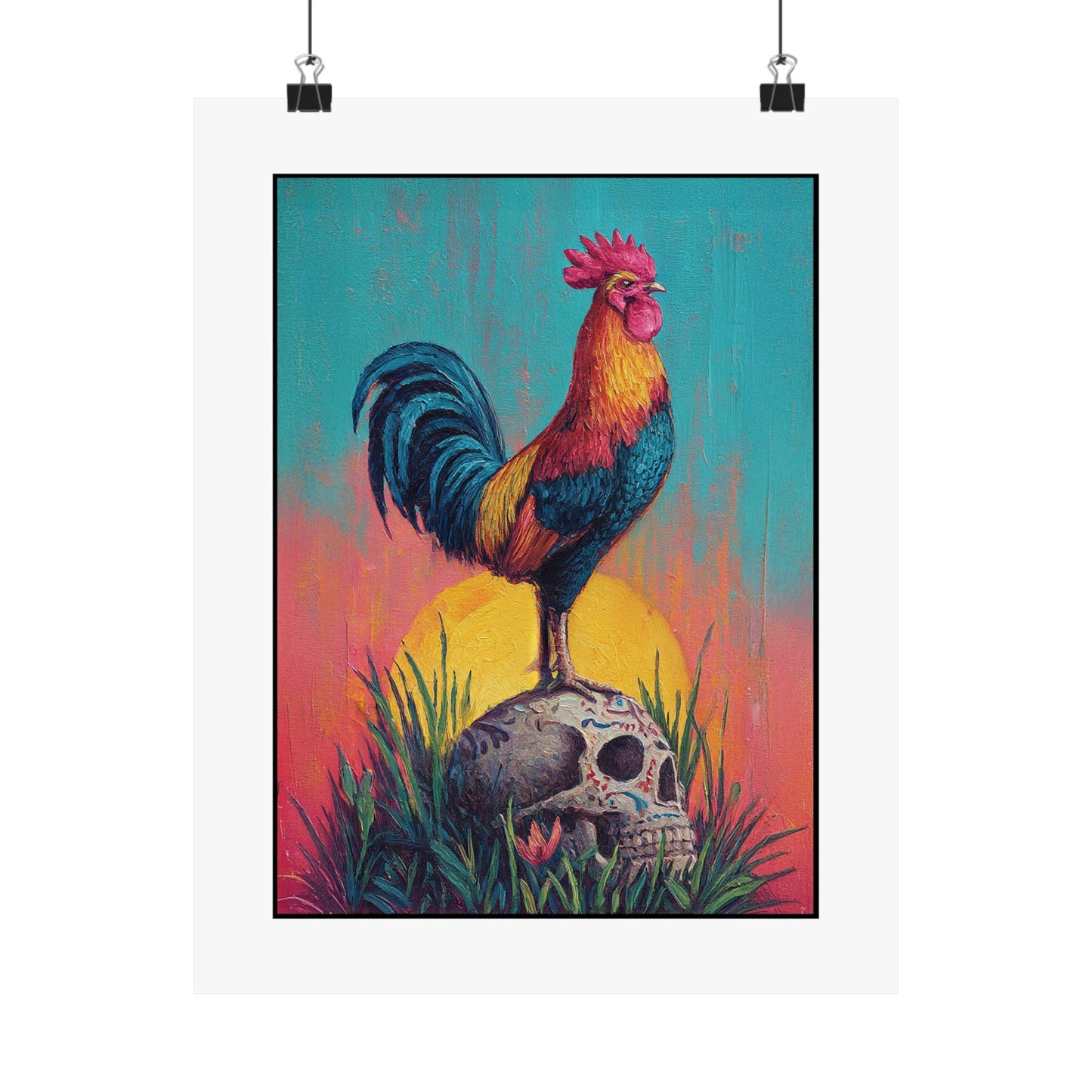 Rooster & Calavera Sun Poster — Life & Courage Art Print (Satin Poster)
