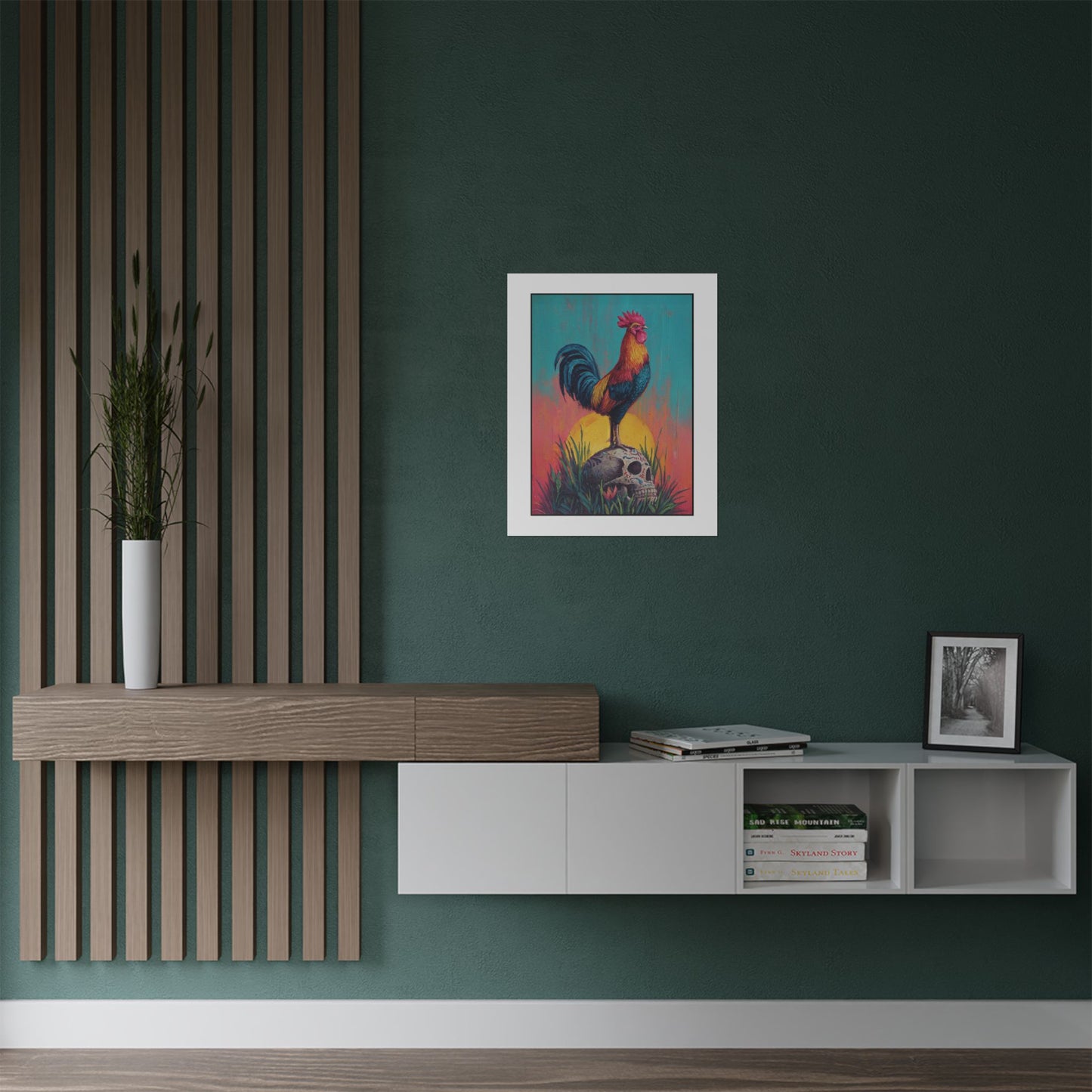 Rooster & Calavera Sun Poster — Life & Courage Art Print (Satin Poster)