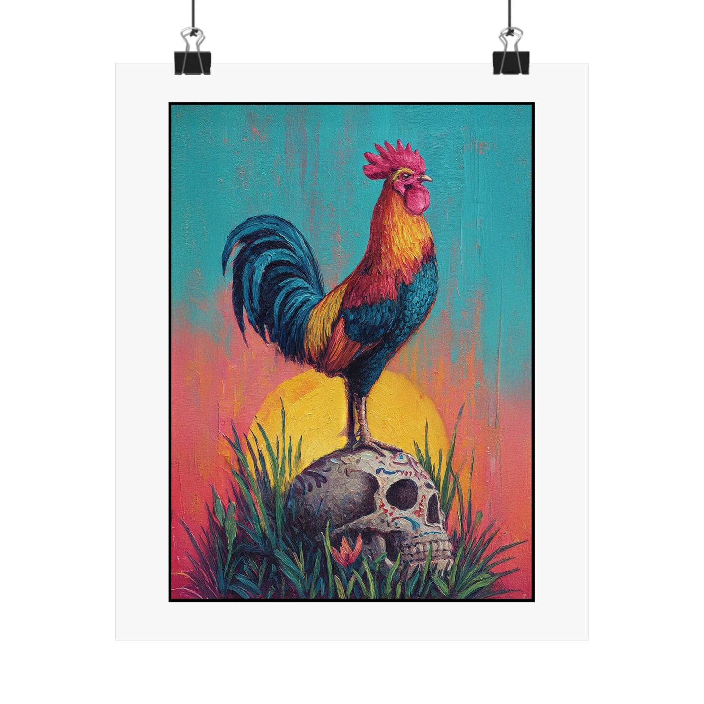 Rooster & Calavera Sun Poster — Life & Courage Art Print (Satin Poster)