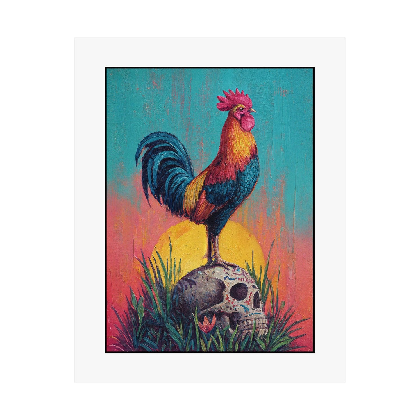 Rooster & Calavera Sun Poster — Life & Courage Art Print (Satin Poster)
