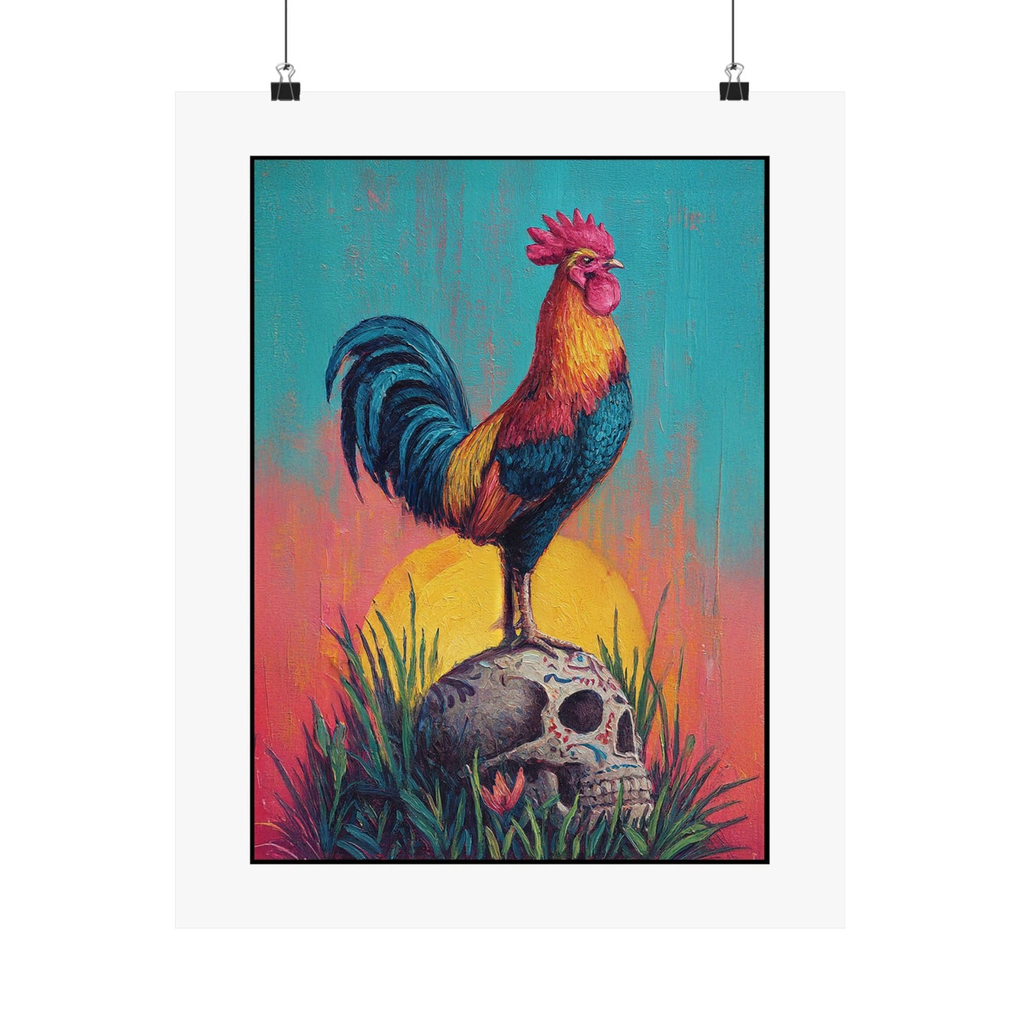 Rooster & Calavera Sun Poster — Life & Courage Art Print (Satin Poster)