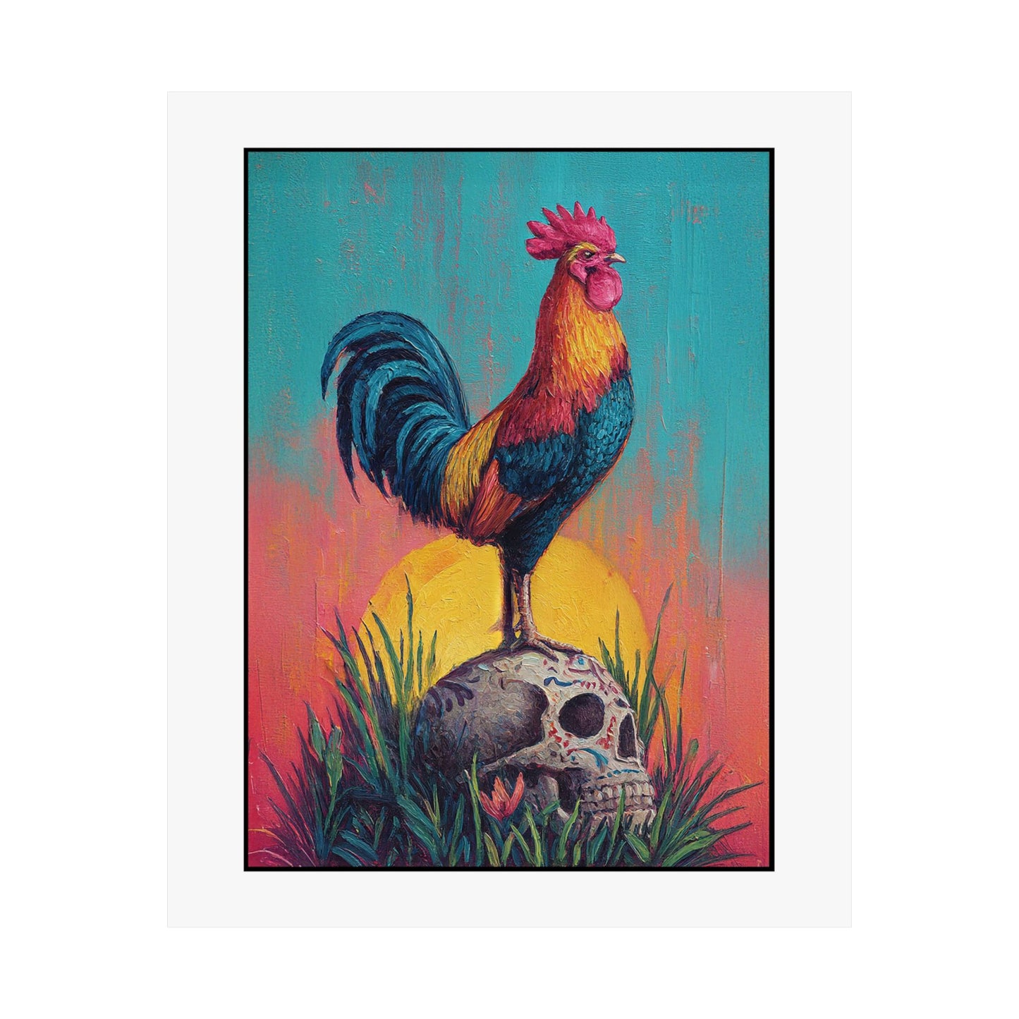 Rooster & Calavera Sun Poster — Life & Courage Art Print (Satin Poster)