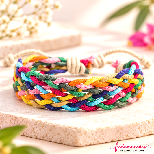 Multicolored braided cotton bracelet with an adjustable cream sliding-knot closure on a pale stone display.