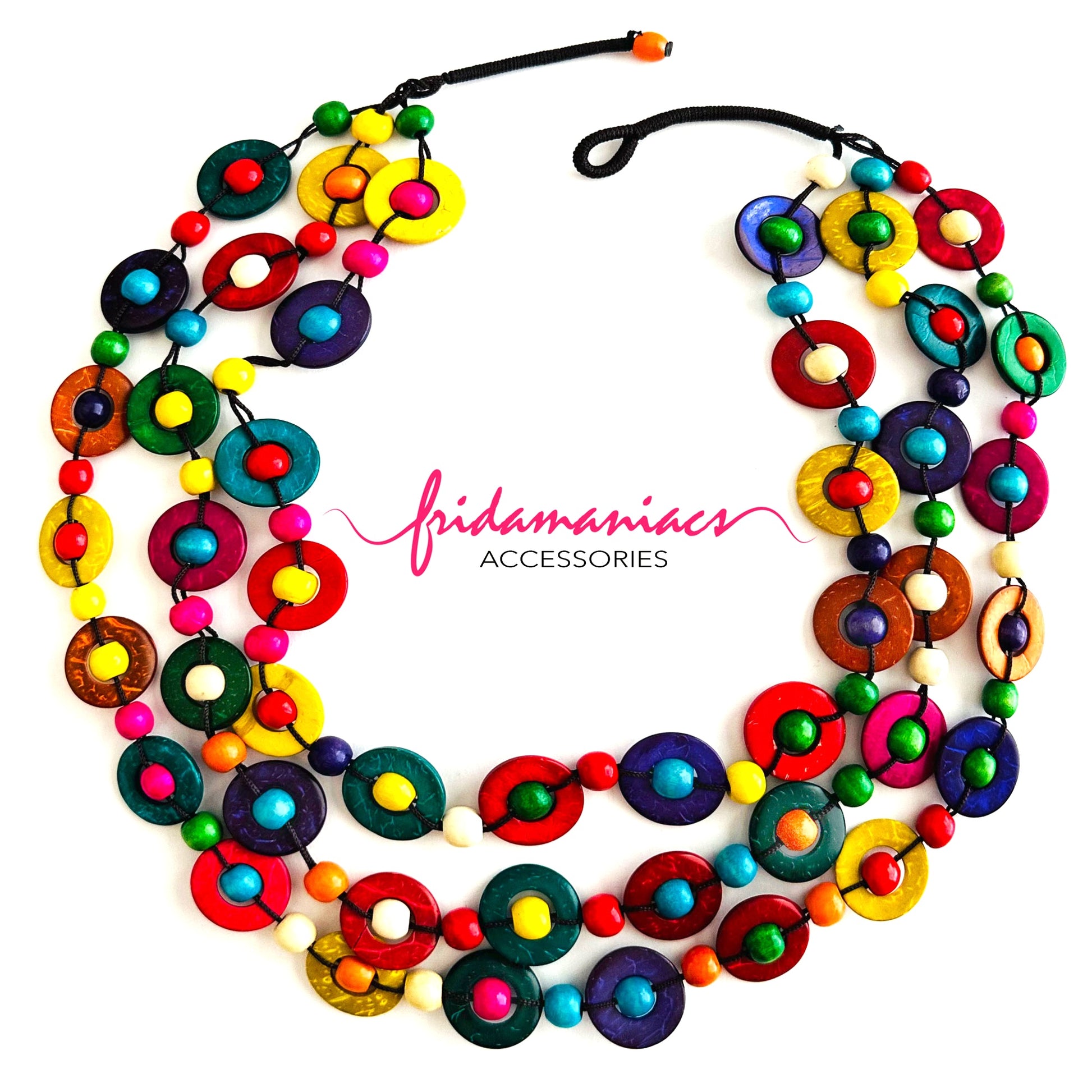Colorful Frida Kahlo necklace made of coconut wood disks from Mexico. Mexican jewelry necklace for women and girls. Multilayered