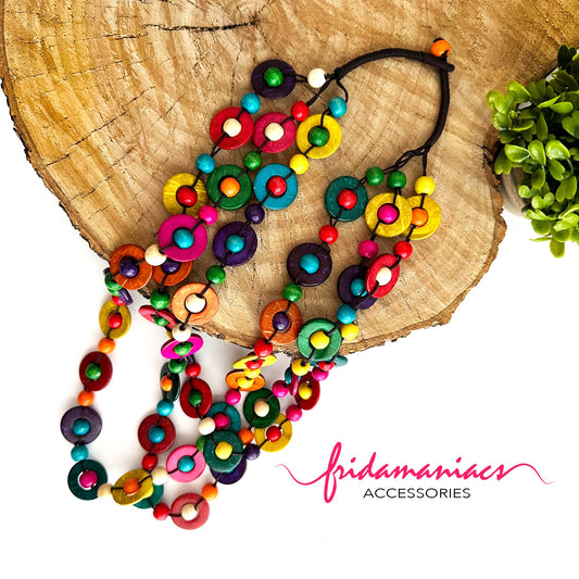 Colorful Frida Kahlo necklace made of coconut wood disks from Mexico. Mexican jewelry necklace for women and girls. Multilayered