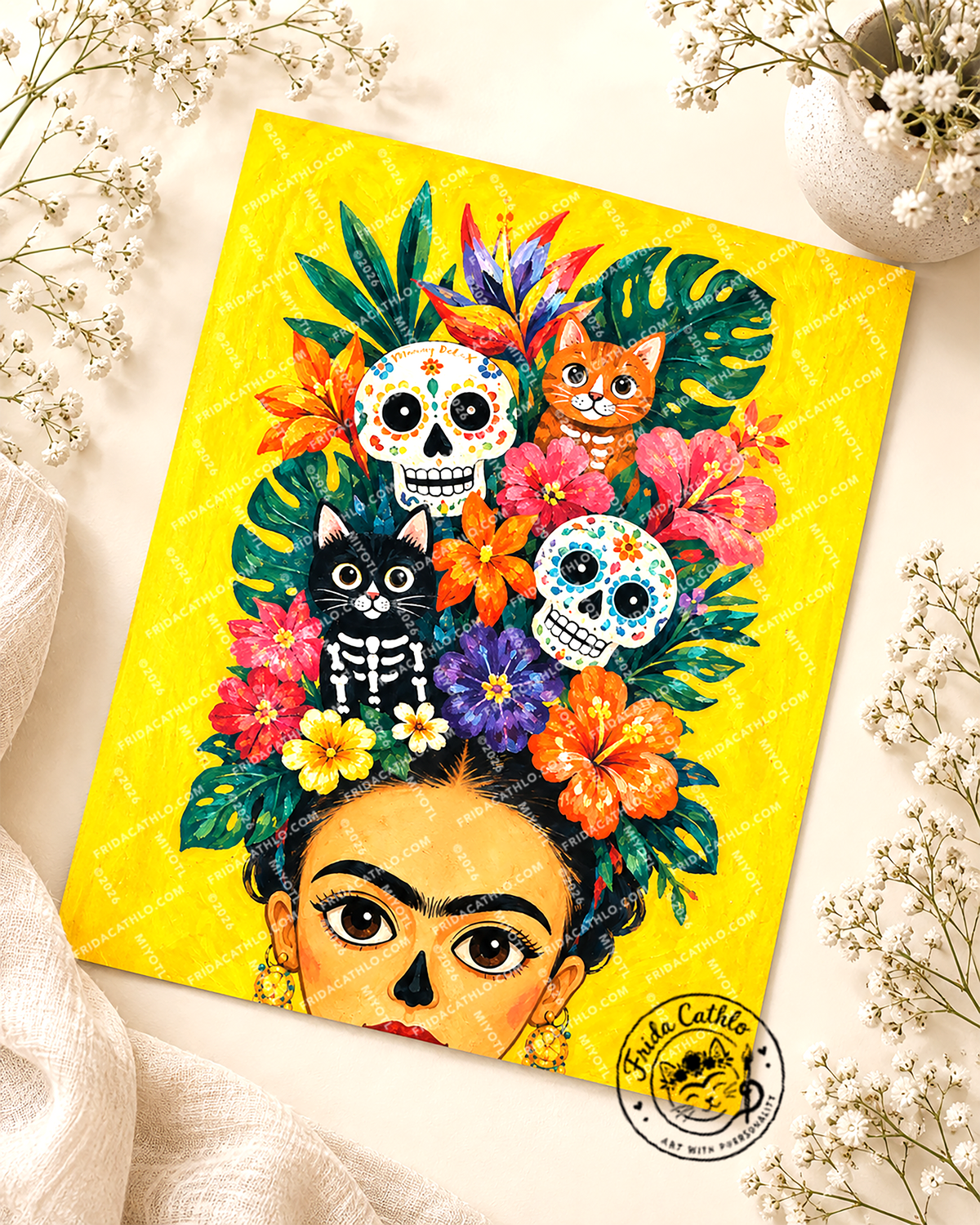 A colorful art print featuring a stylized Frida Kahlo portrait with flowers and skulls in her hair, surrounded by baby's breath flowers and draped fabric on a light beige surface. The print has a bright yellow background and a visible 'Studio Catho' brand logo in the bottom right corner.